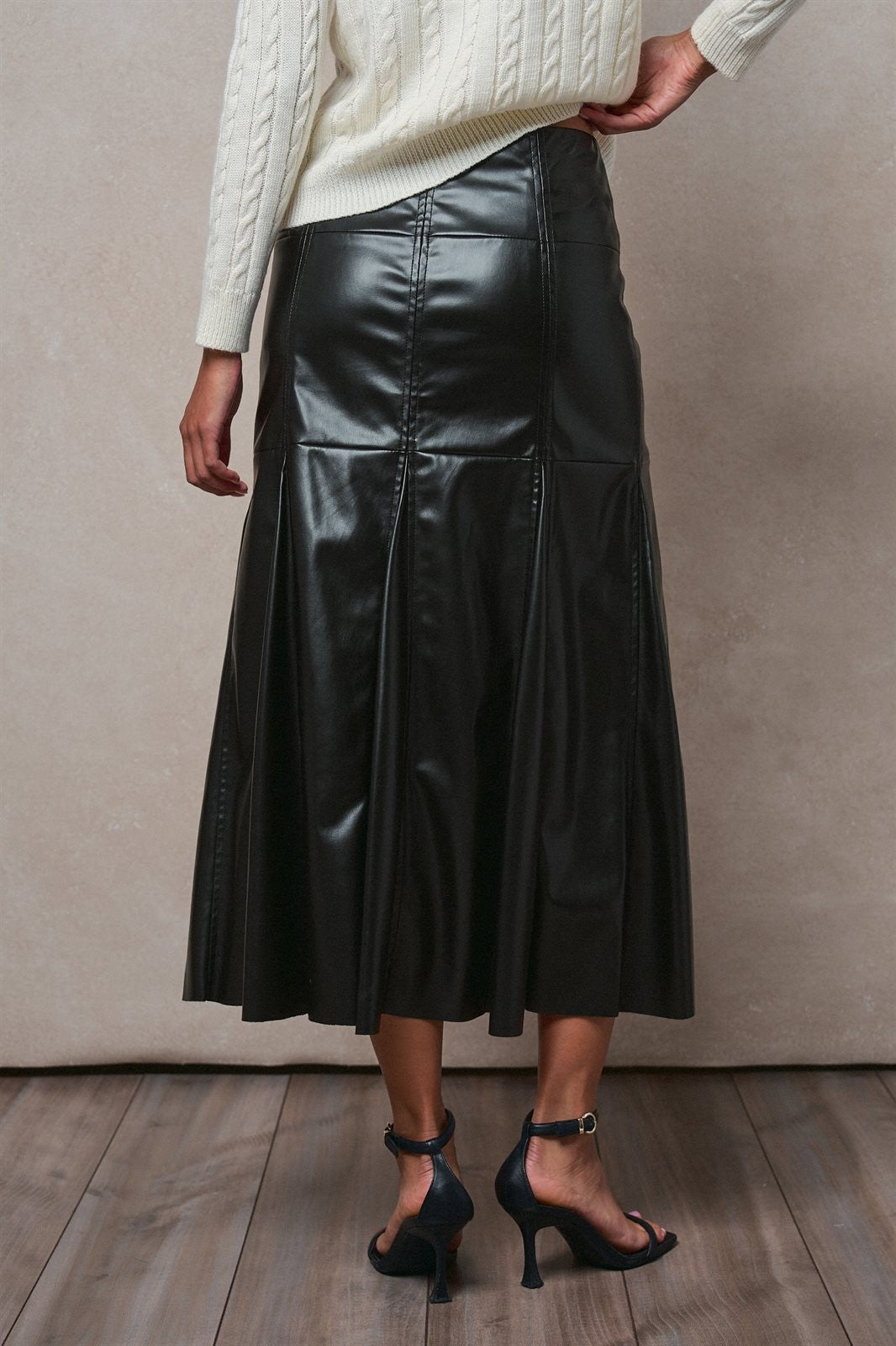 Faux Leather Paneled Flare Midi Skirt in Black - Women's Midi Skirts | Urban Daizy