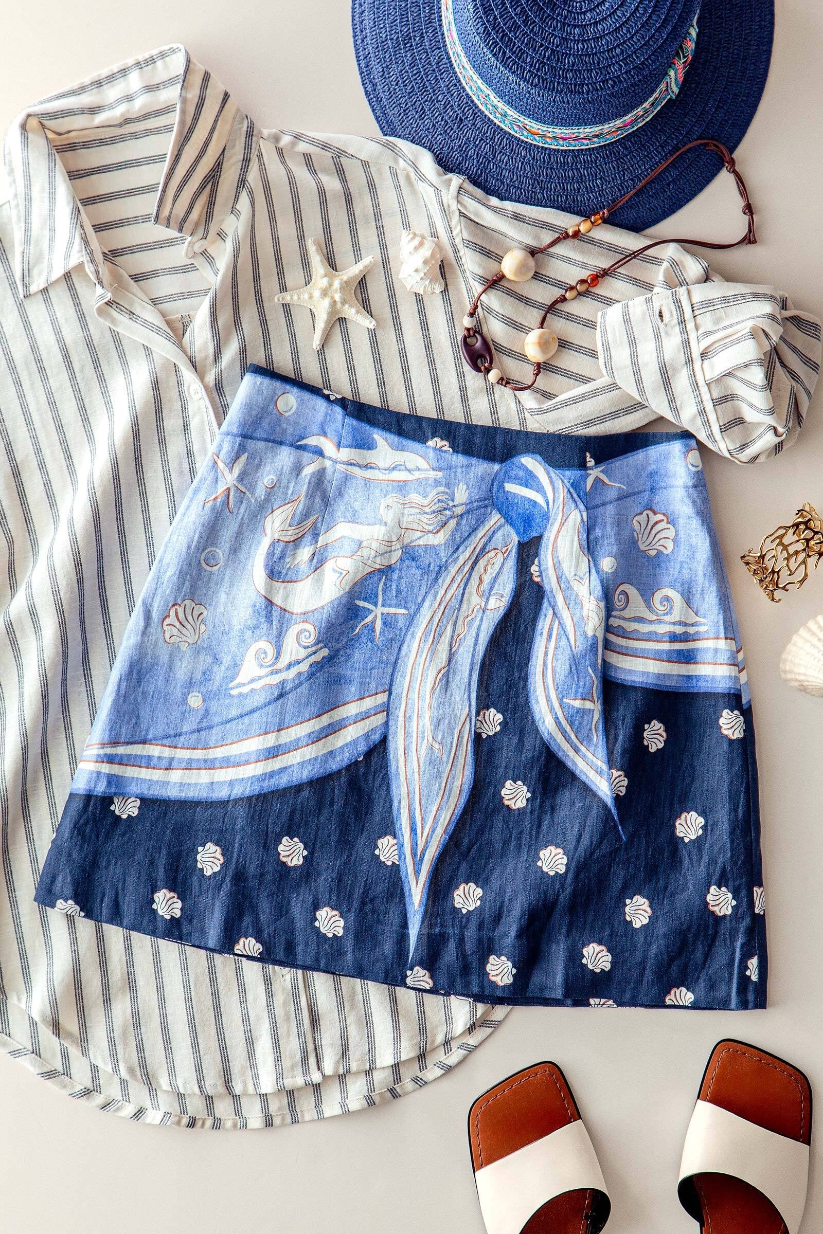 Ocean Print Wrap Skirt With Tie Waist in Navy - Women's Skirts | Urban Daizy