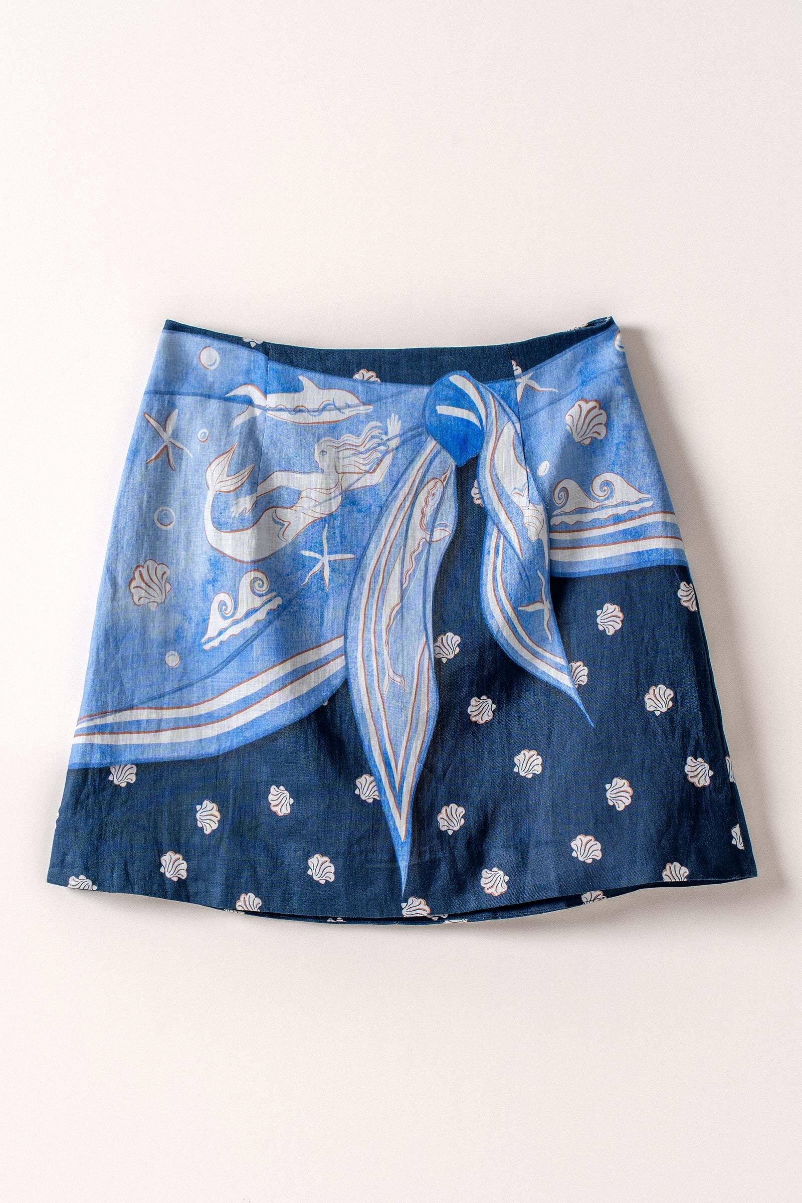 Ocean Print Wrap Skirt With Tie Waist in Navy - Women's Skirts | Urban Daizy