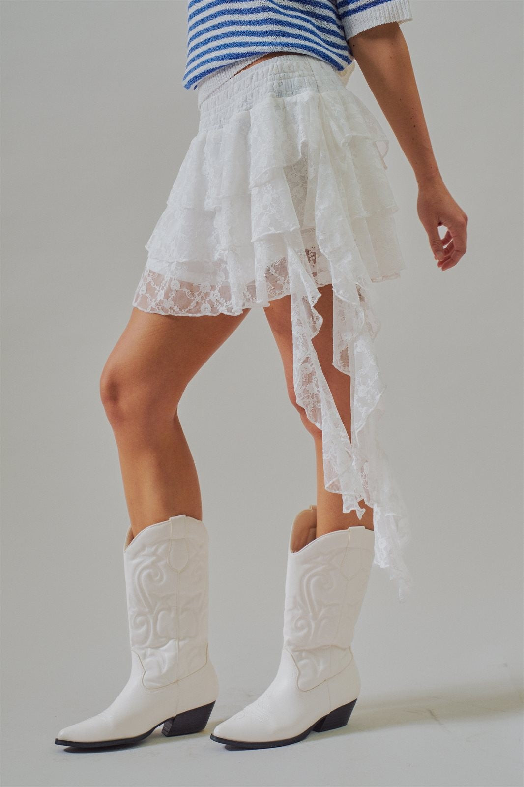 Tiered Lace Ruffle Mini Skirt with Cascading Sash in White - Women's Skirts | Urban Daizy