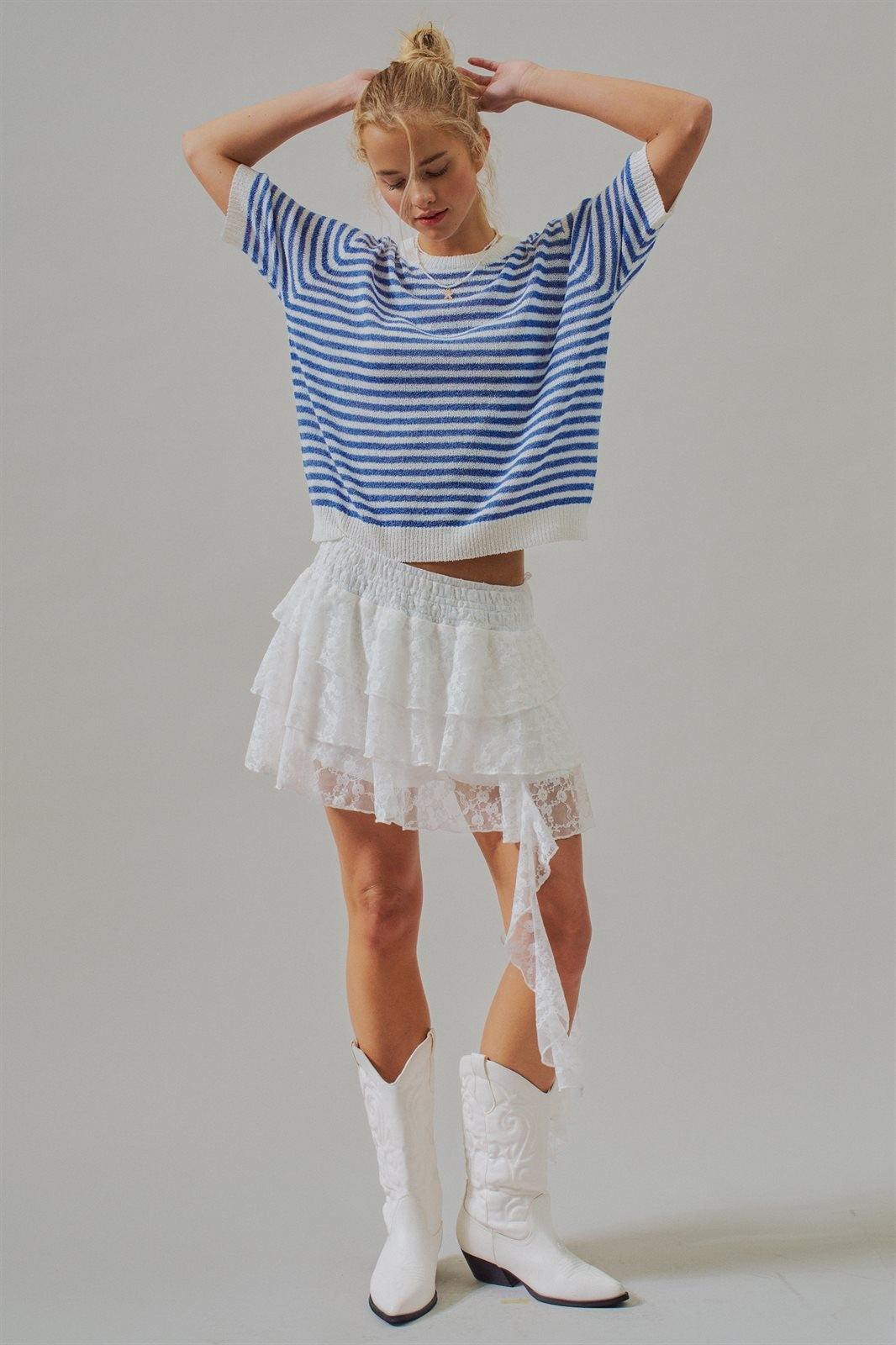 Tiered Lace Ruffle Mini Skirt with Cascading Sash in White - Women's Skirts | Urban Daizy