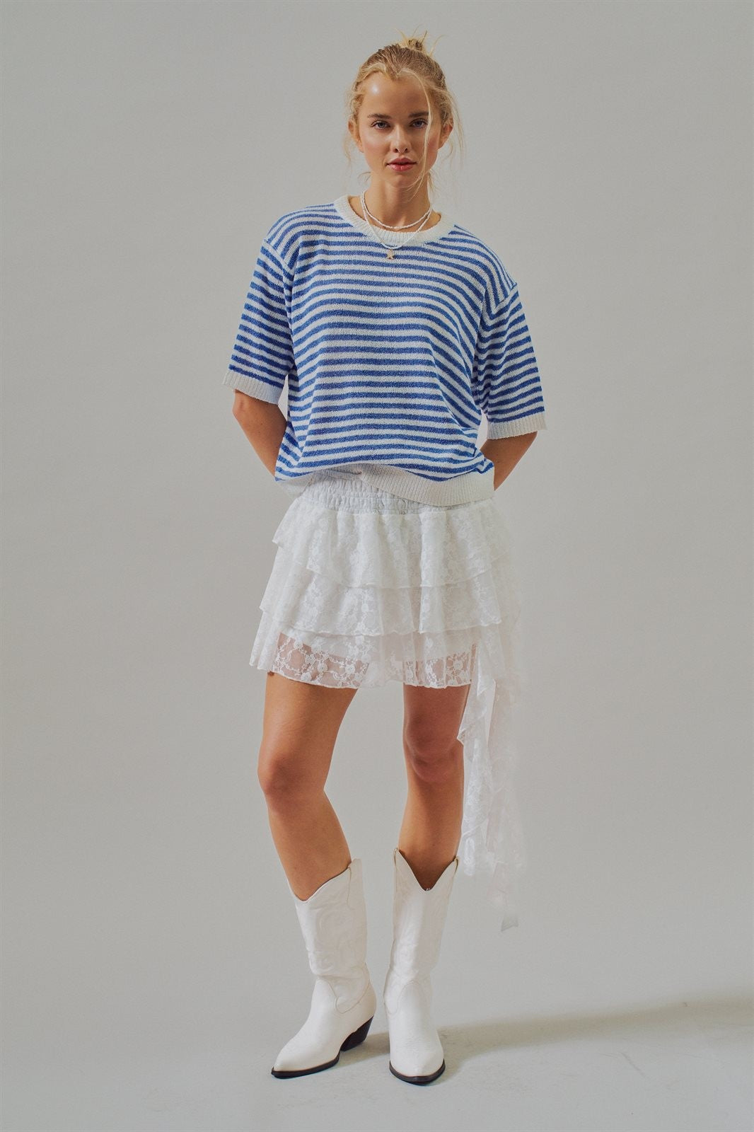 Tiered Lace Ruffle Mini Skirt with Cascading Sash in White - Women's Skirts | Urban Daizy