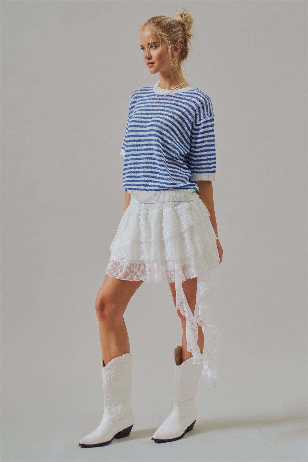 Tiered Lace Ruffle Mini Skirt with Cascading Sash in White - Women's Skirts | Urban Daizy