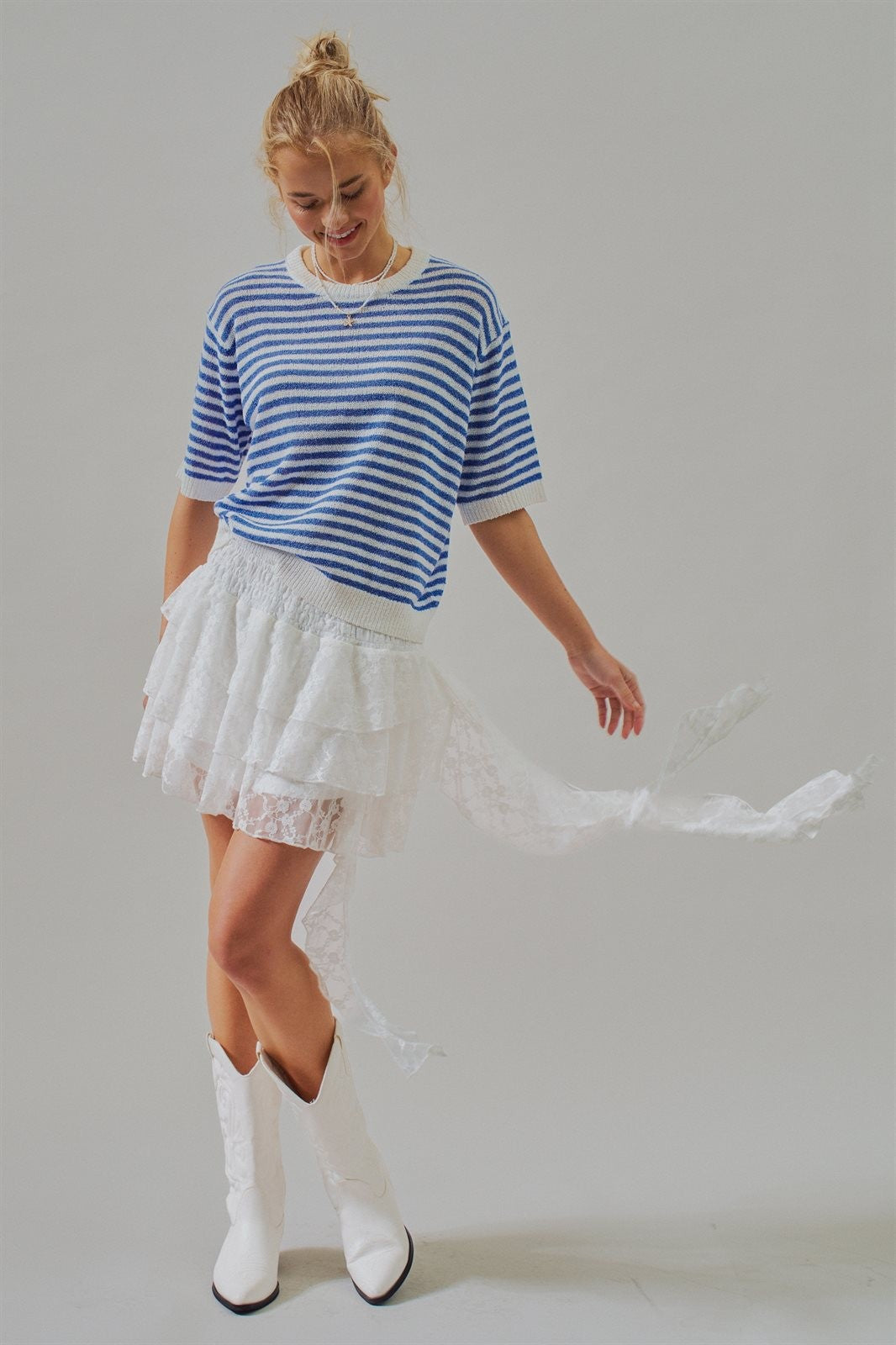 Tiered Lace Ruffle Mini Skirt with Cascading Sash in White - Women's Skirts | Urban Daizy