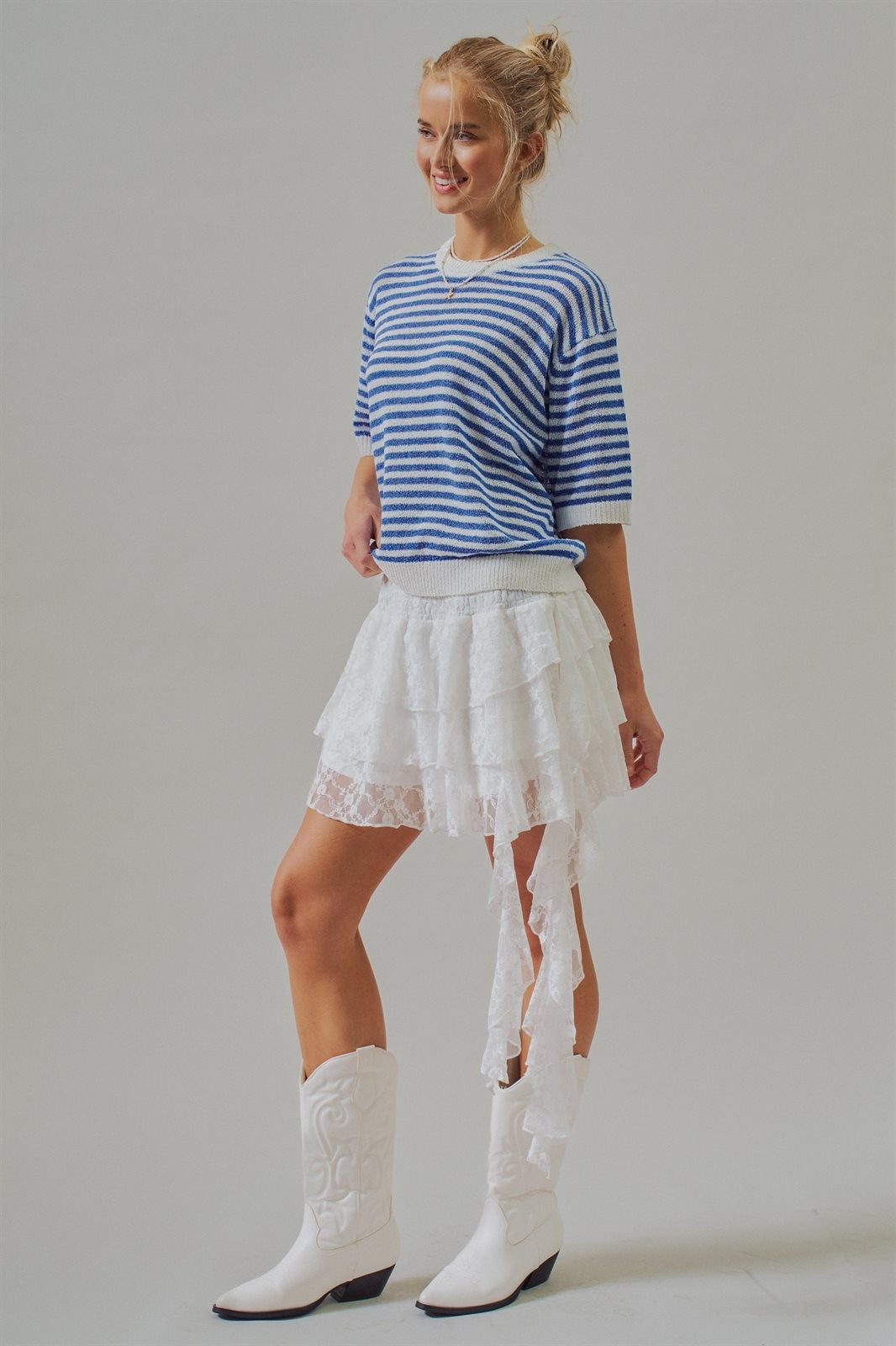 Tiered Lace Ruffle Mini Skirt with Cascading Sash in White - Women's Skirts | Urban Daizy