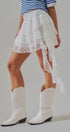 Tiered Lace Ruffle Mini Skirt with Cascading Sash in White - Women's Skirts | Urban Daizy
