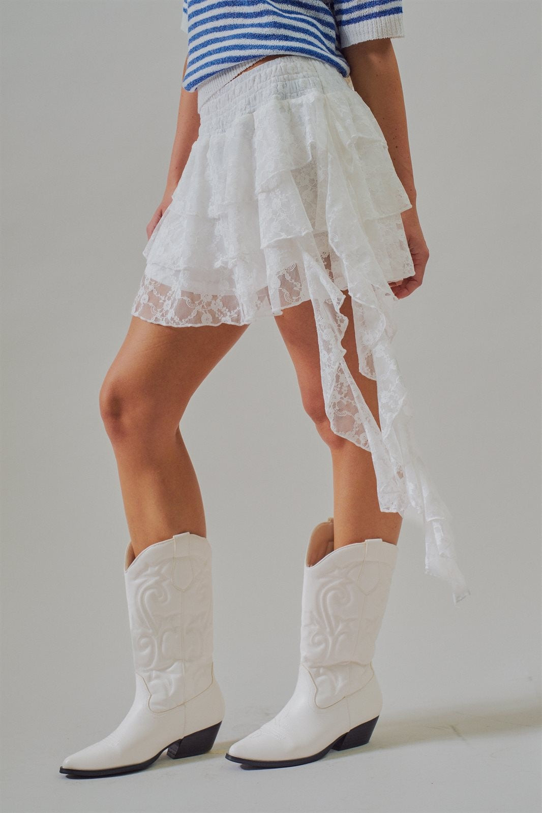 Tiered Lace Ruffle Mini Skirt with Cascading Sash in White - Women's Skirts | Urban Daizy