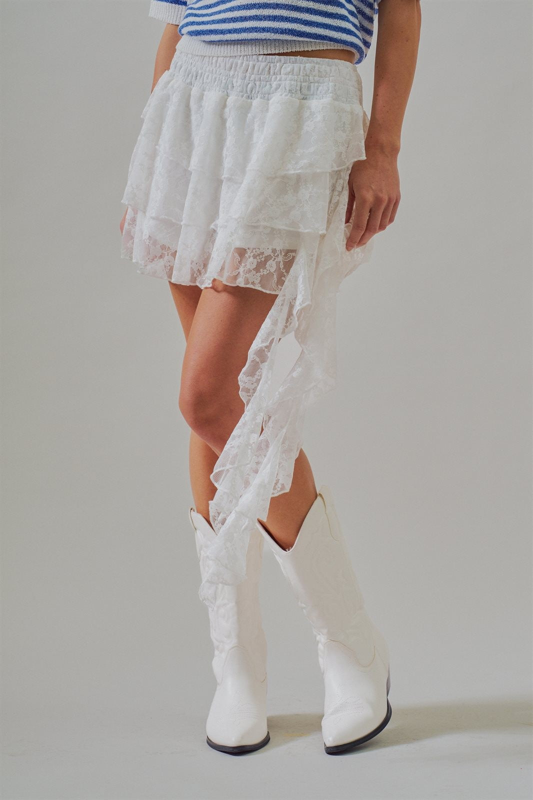 Tiered Lace Ruffle Mini Skirt with Cascading Sash in White - Women's Skirts | Urban Daizy