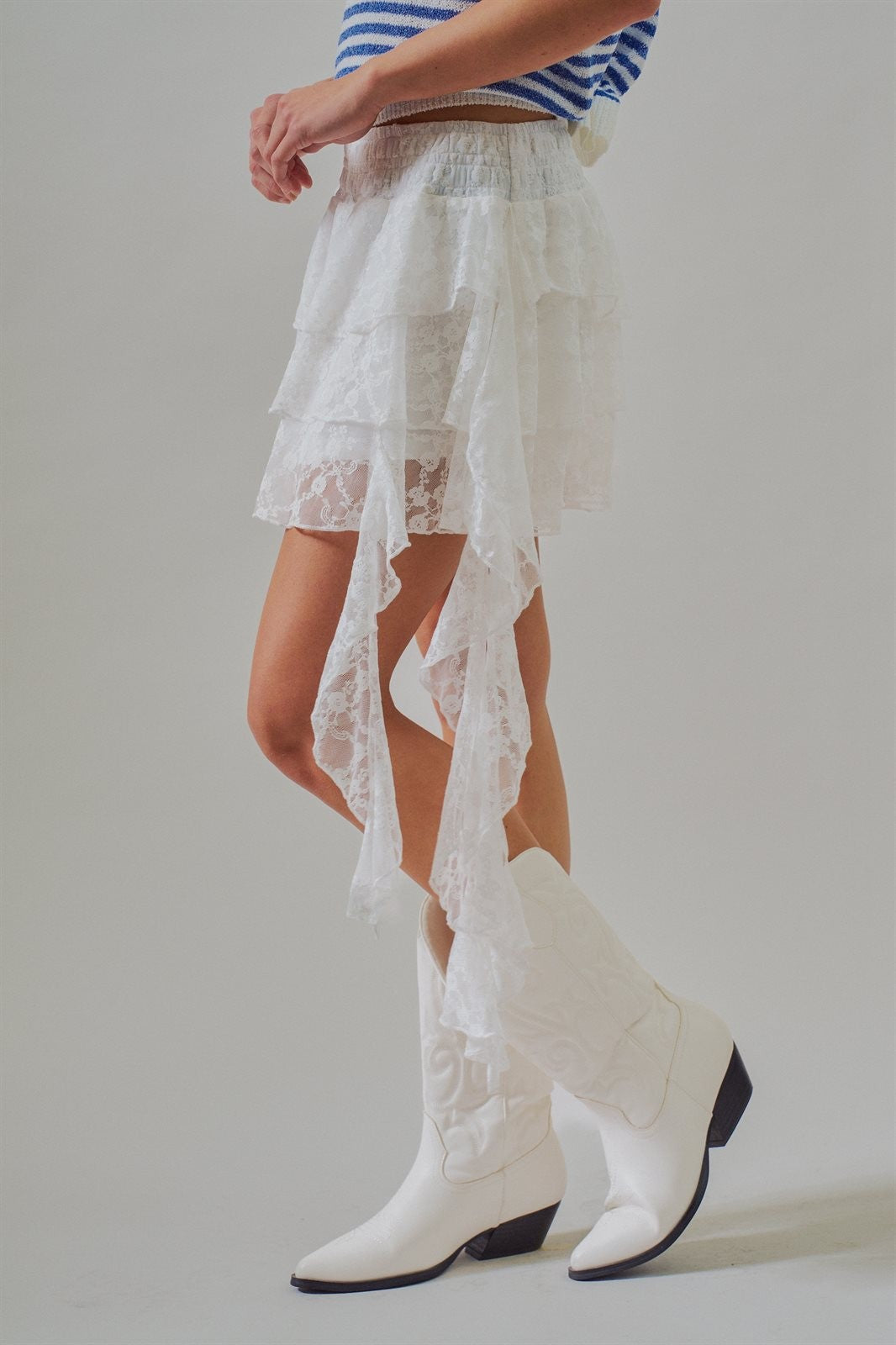 Tiered Lace Ruffle Mini Skirt with Cascading Sash in White - Women's Skirts | Urban Daizy