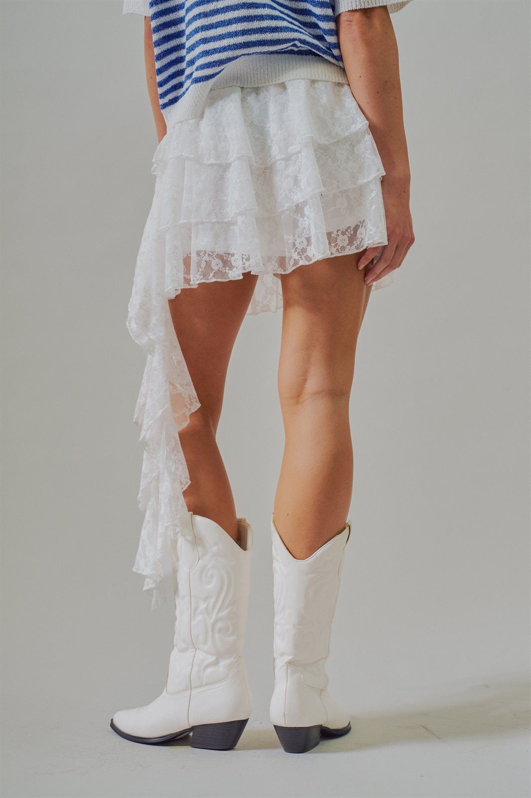 Tiered Lace Ruffle Mini Skirt with Cascading Sash in White - Women's Skirts | Urban Daizy