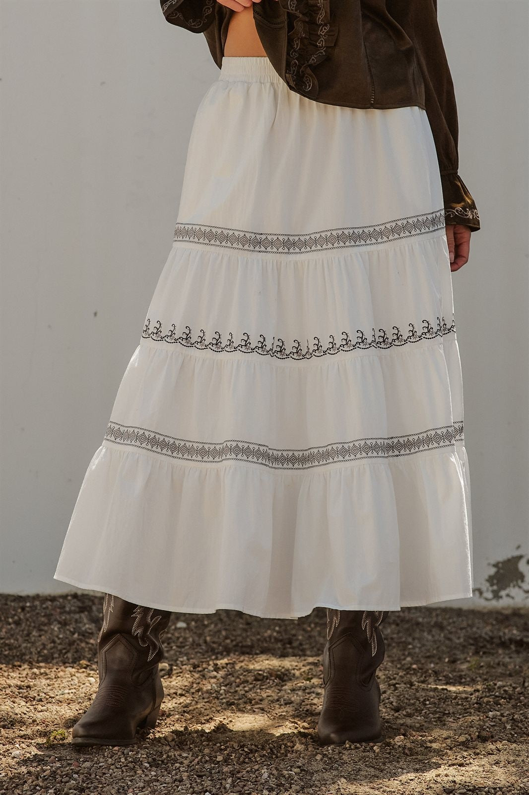 Embroidered Tiered Cotton Maxi Skirt in Ivory - Women's Skirts | Urban Daizy
