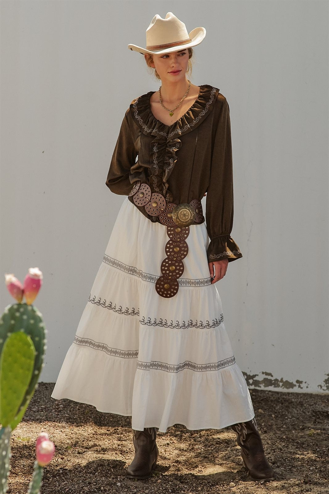 Embroidered Tiered Cotton Maxi Skirt in Ivory - Women's Skirts | Urban Daizy