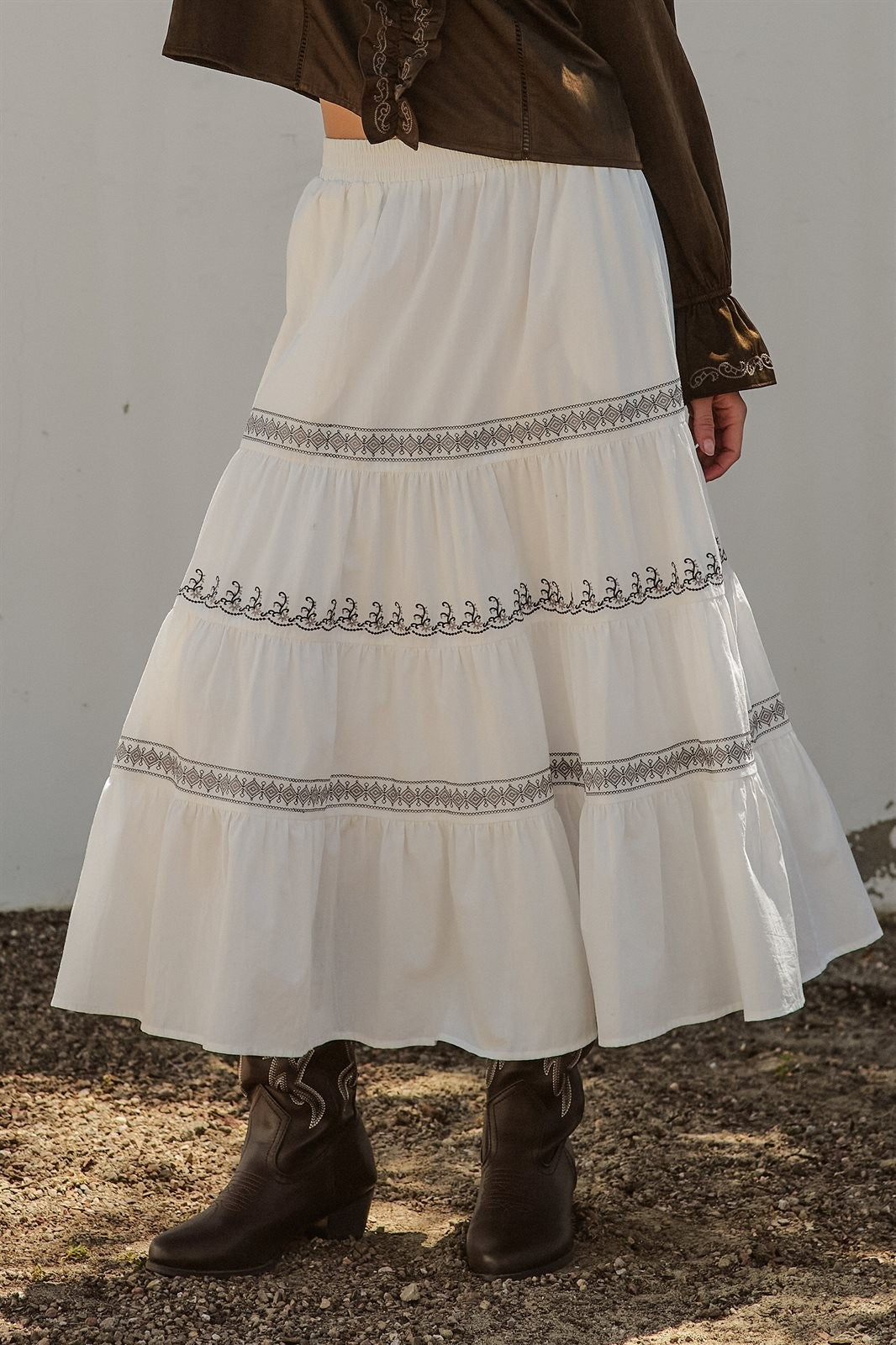 Embroidered Tiered Cotton Maxi Skirt in Ivory - Women's Skirts | Urban Daizy