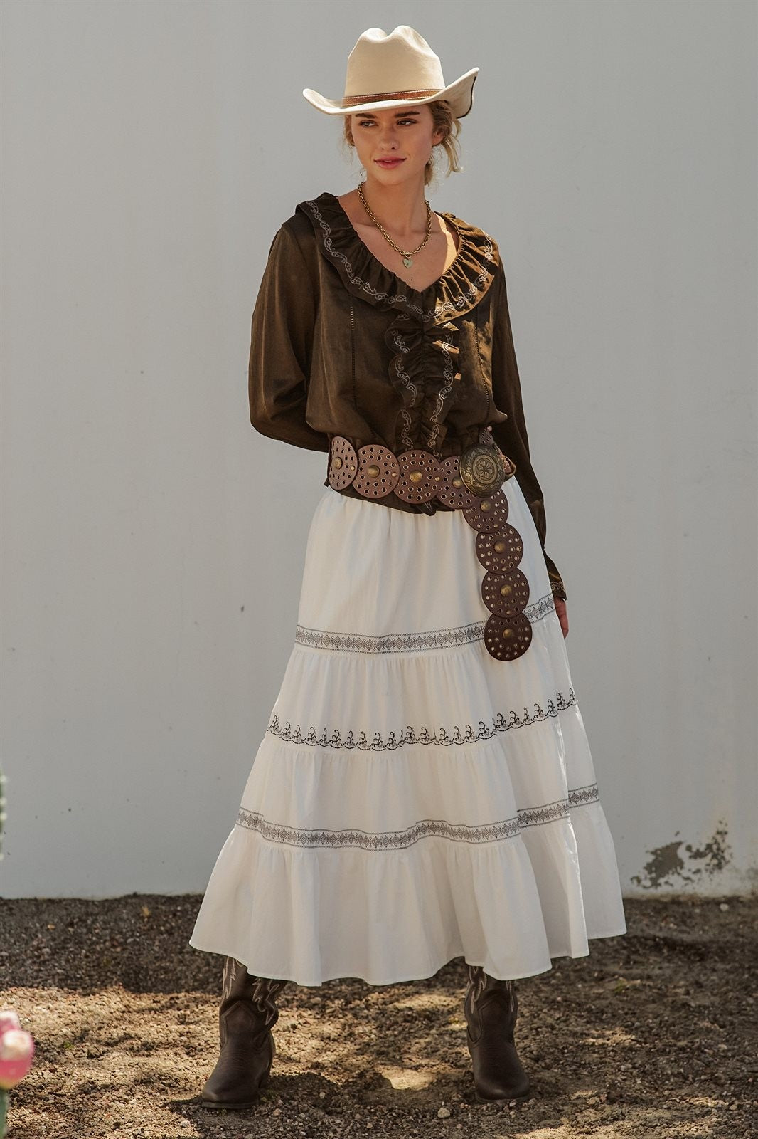 Embroidered Tiered Cotton Maxi Skirt in Ivory - Women's Skirts | Urban Daizy