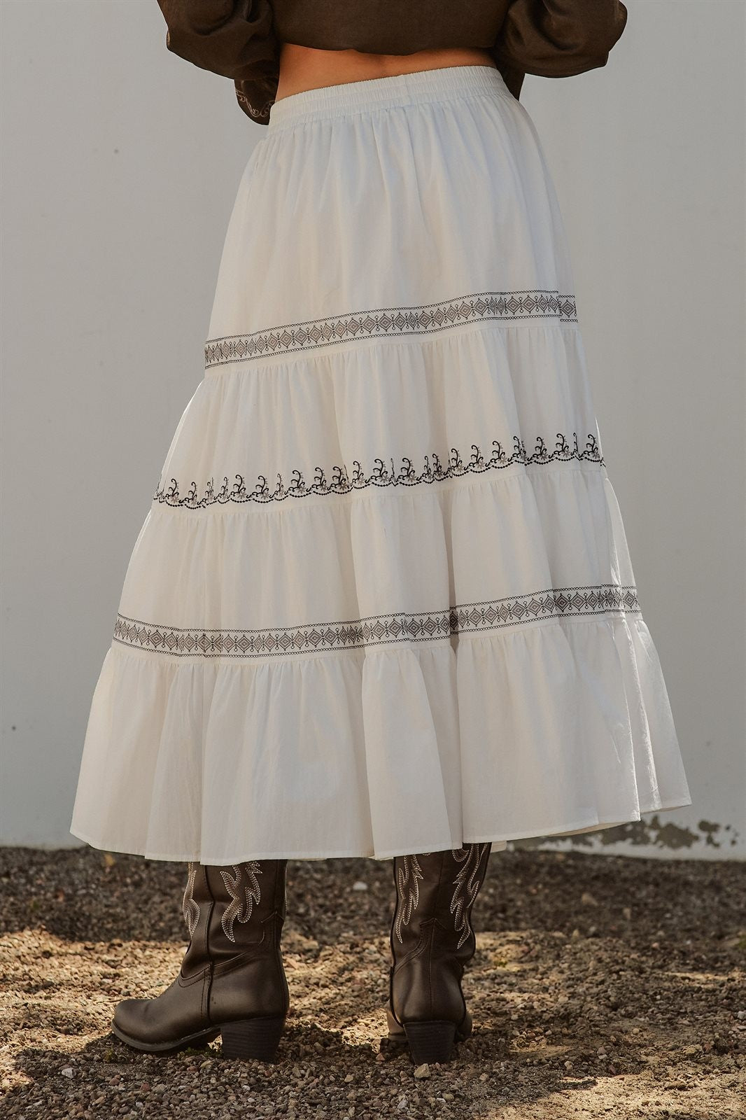 Embroidered Tiered Cotton Maxi Skirt in Ivory - Women's Skirts | Urban Daizy