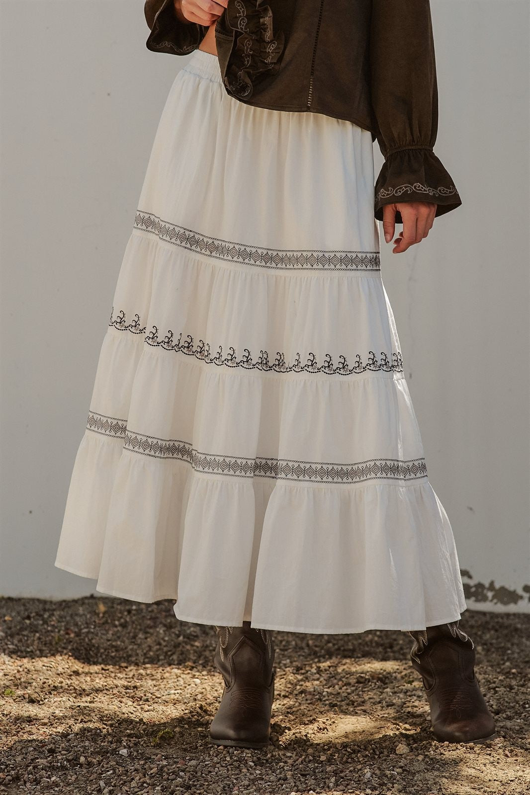 Embroidered Tiered Cotton Maxi Skirt in Ivory - Women's Skirts | Urban Daizy
