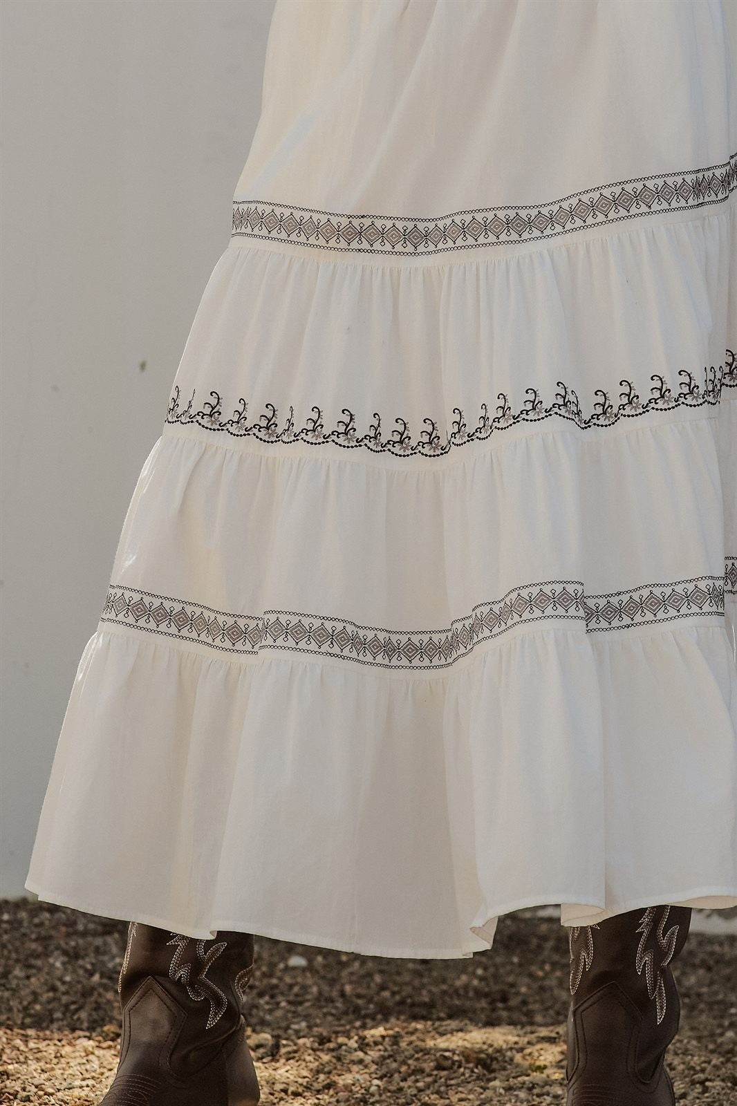 Embroidered Tiered Cotton Maxi Skirt in Ivory - Women's Skirts | Urban Daizy