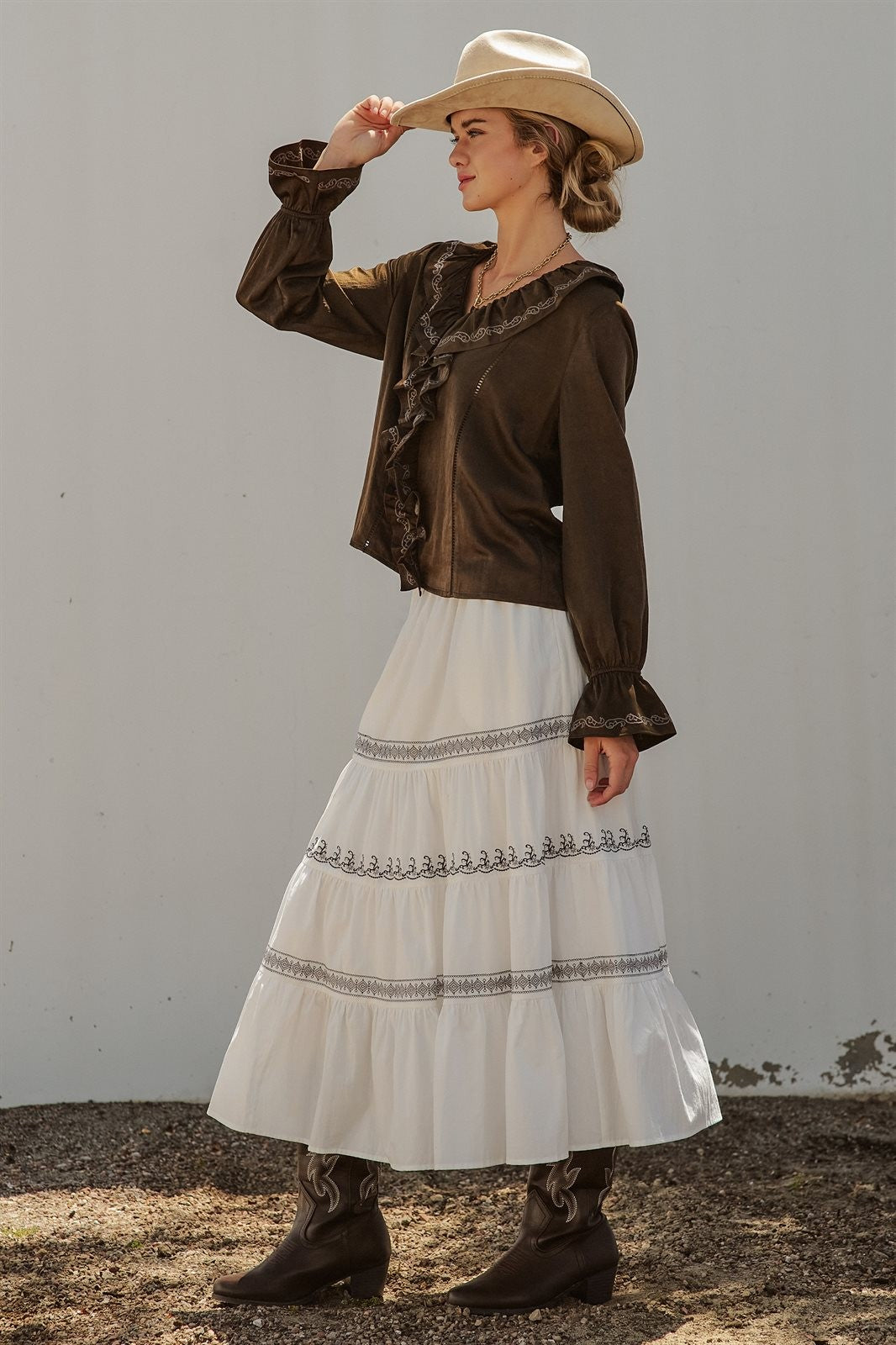 Embroidered Tiered Cotton Maxi Skirt in Ivory - Women's Skirts | Urban Daizy