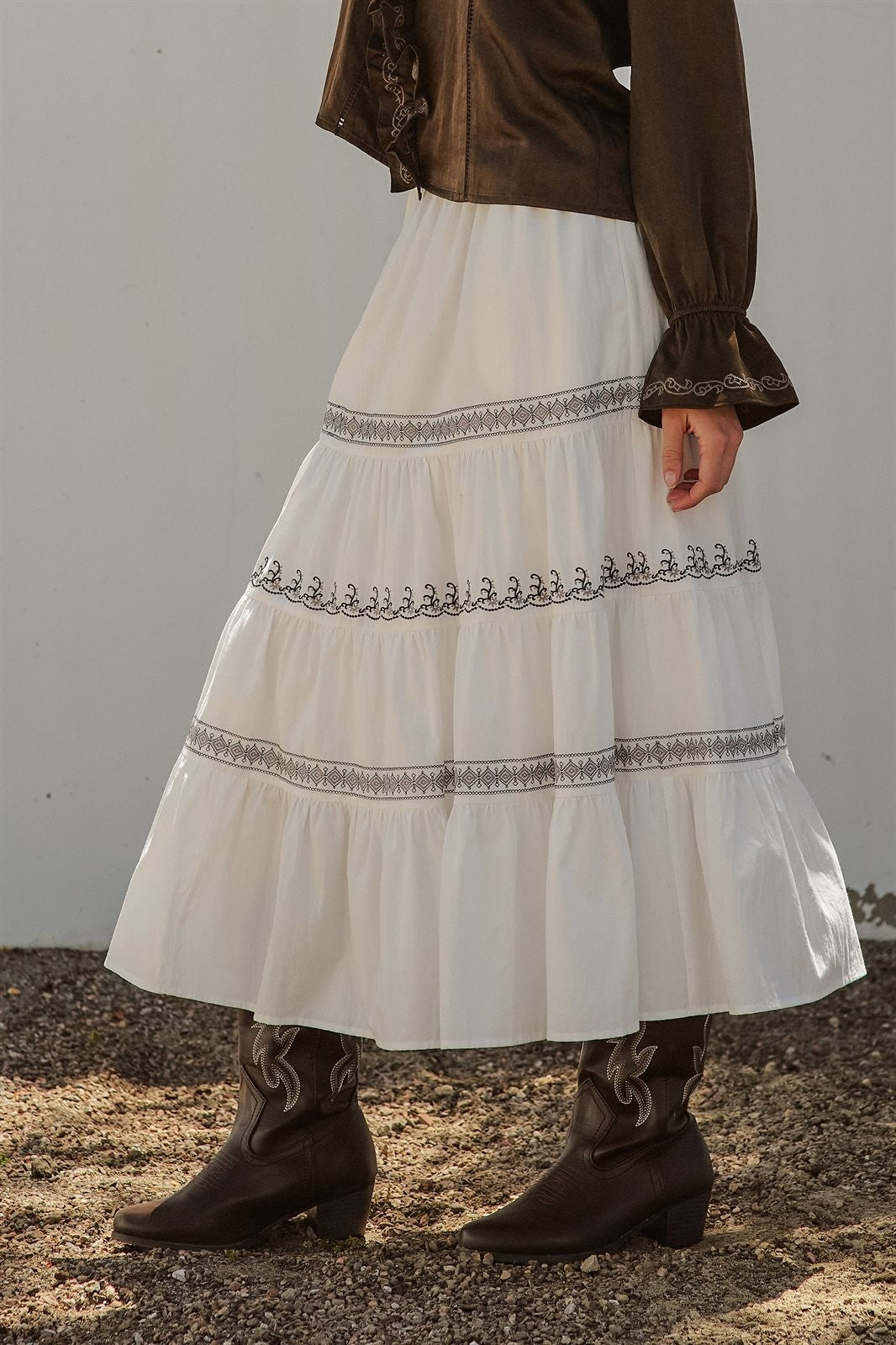 Embroidered Tiered Cotton Maxi Skirt in Ivory - Women's Skirts | Urban Daizy