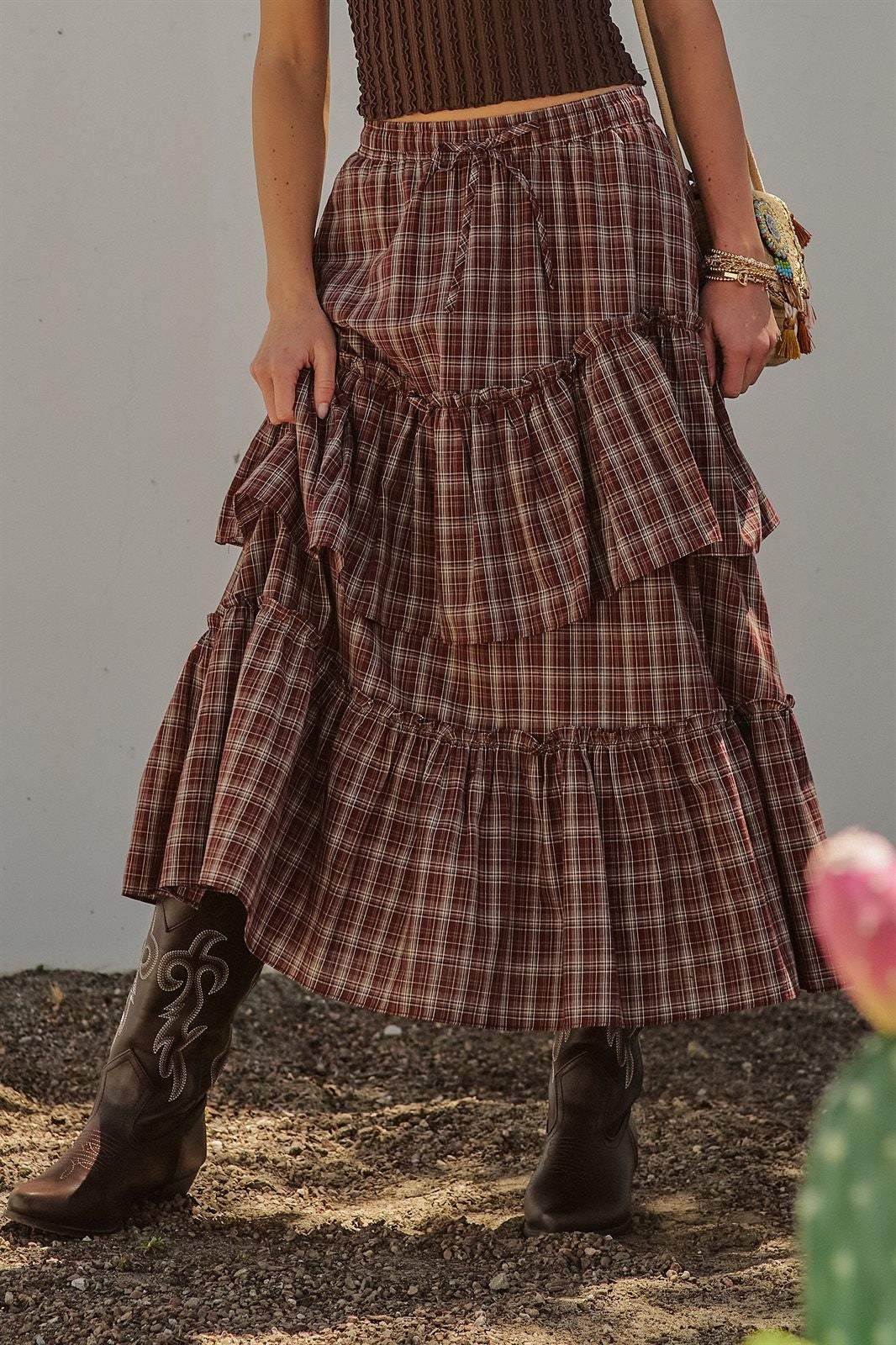 Plaid Tiered Ruffle Cotton Maxi Skirt in Brown - Women's Skirts | Urban Daizy