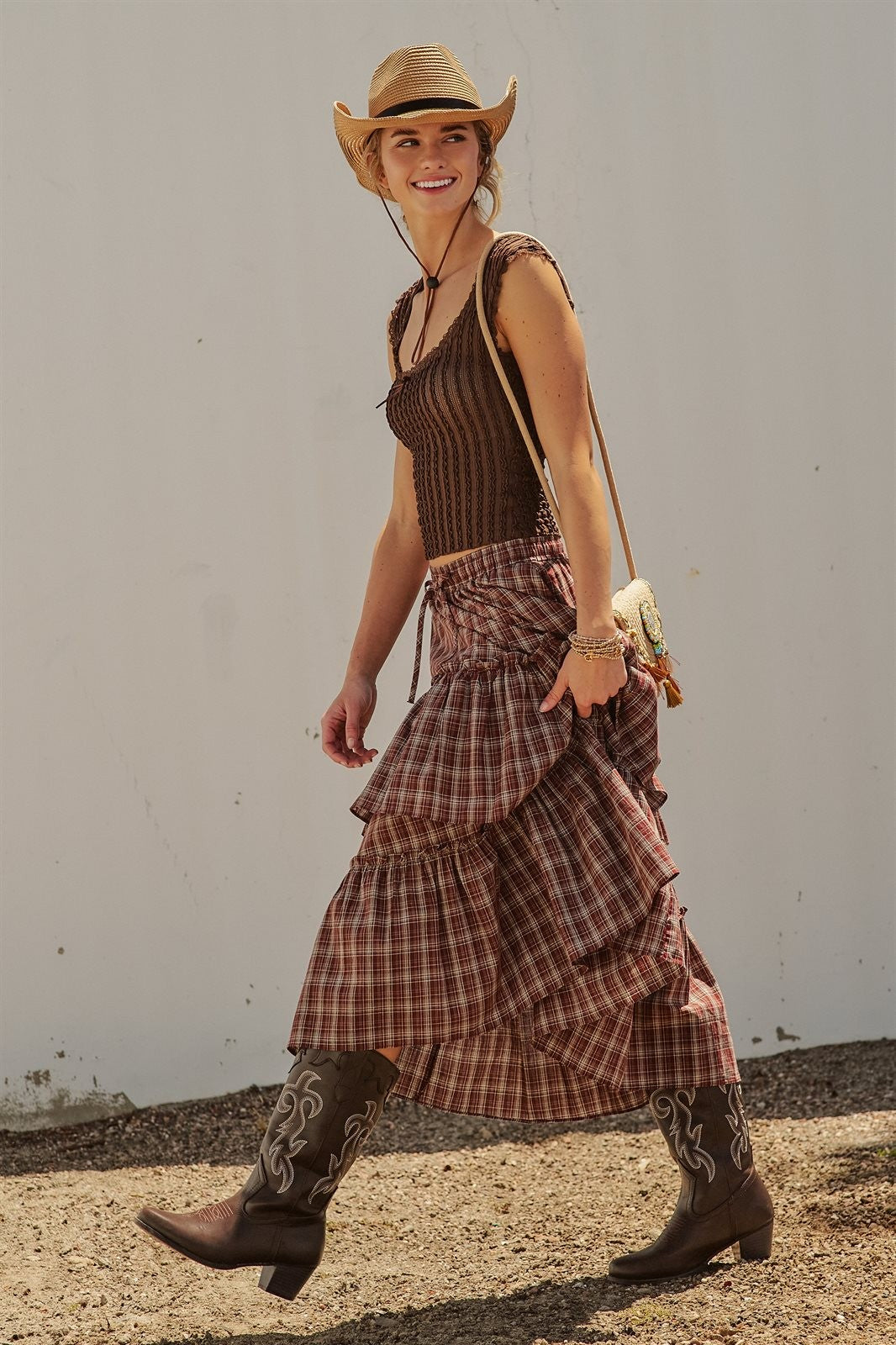 Plaid Tiered Ruffle Cotton Maxi Skirt in Brown - Women's Skirts | Urban Daizy