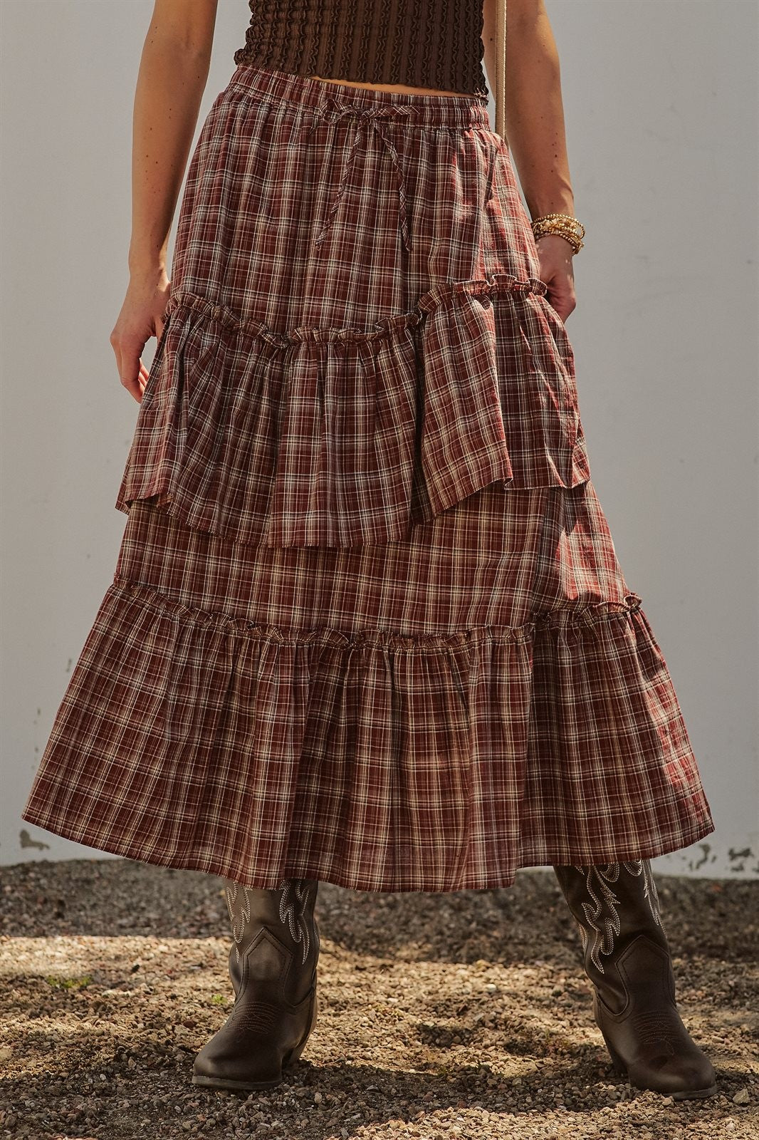 Plaid Tiered Ruffle Cotton Maxi Skirt in Brown - Women's Skirts | Urban Daizy