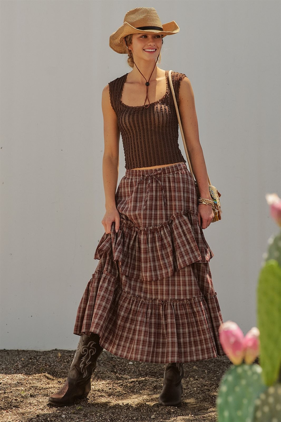 Plaid Tiered Ruffle Cotton Maxi Skirt in Brown - Women's Skirts | Urban Daizy
