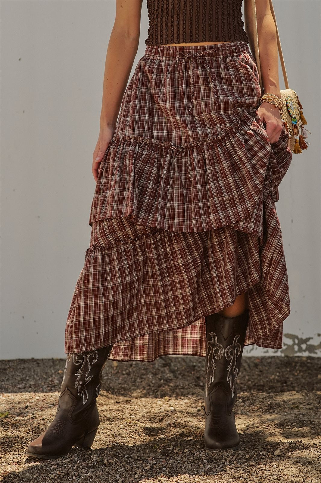 Plaid Tiered Ruffle Cotton Maxi Skirt in Brown - Women's Skirts | Urban Daizy