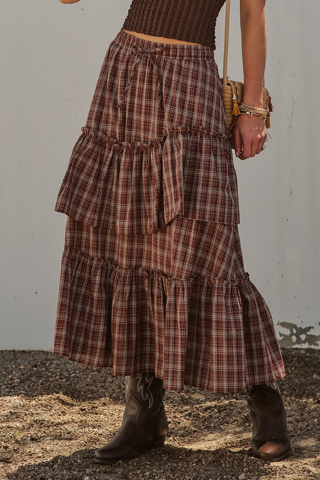 Plaid Tiered Ruffle Cotton Maxi Skirt in Brown - Women's Skirts | Urban Daizy