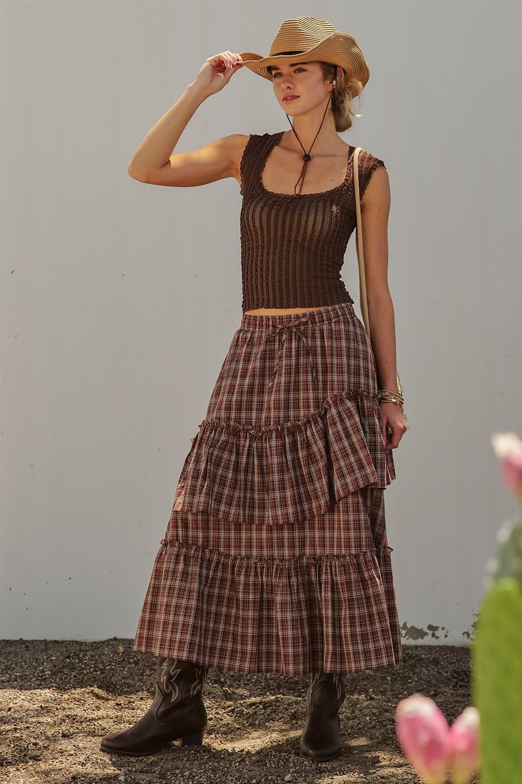 Plaid Tiered Ruffle Cotton Maxi Skirt in Brown - Women's Skirts | Urban Daizy