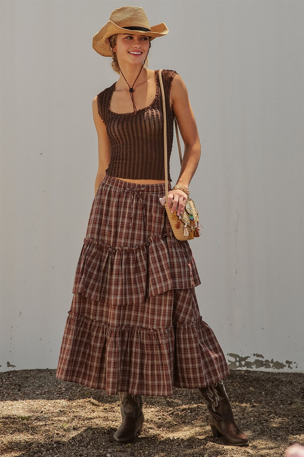 Plaid Tiered Ruffle Cotton Maxi Skirt in Brown - Women's Skirts | Urban Daizy