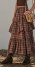 Plaid Tiered Ruffle Cotton Maxi Skirt in Brown - Women's Skirts | Urban Daizy