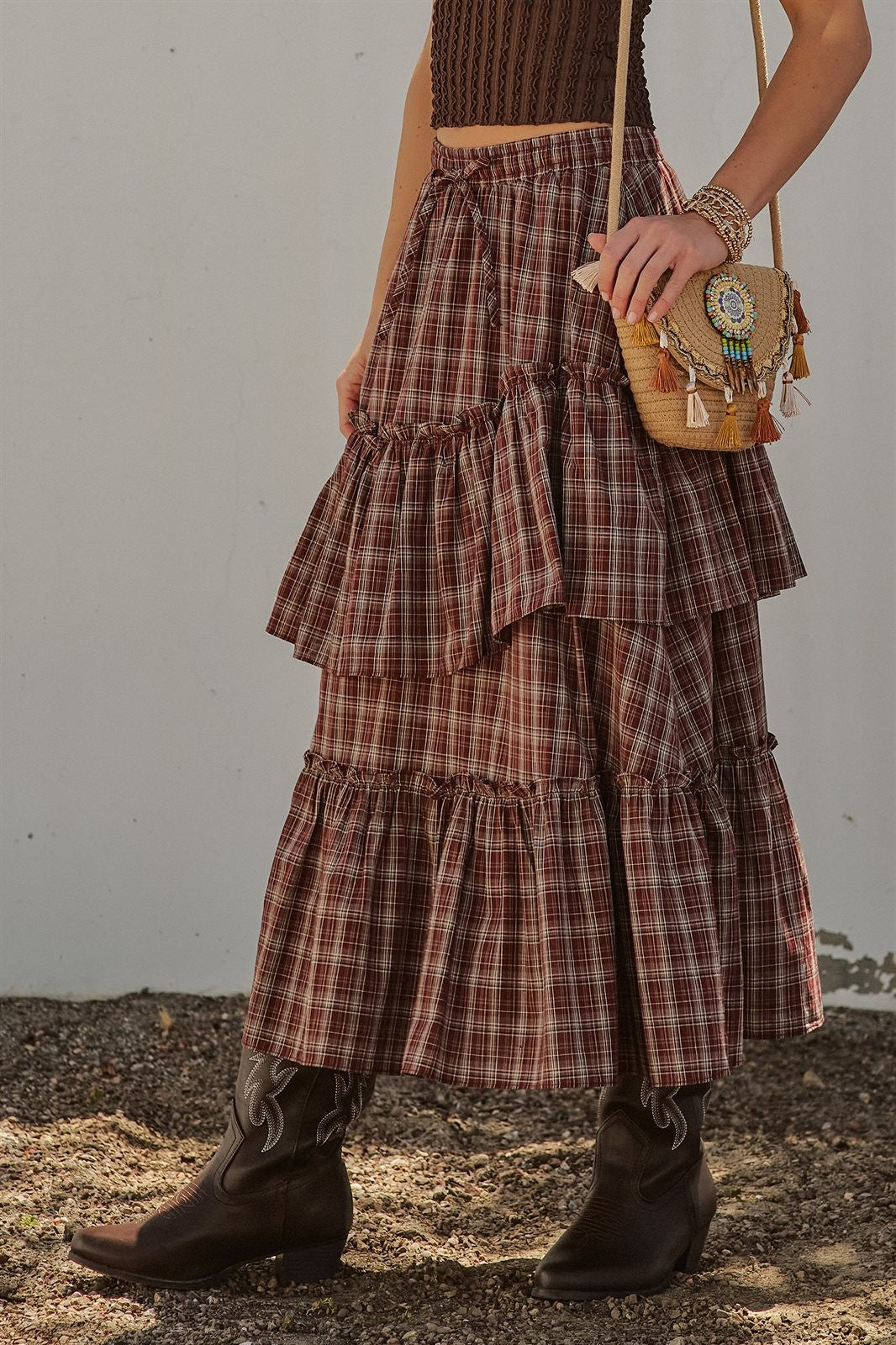 Plaid Tiered Ruffle Cotton Maxi Skirt in Brown - Women's Skirts | Urban Daizy
