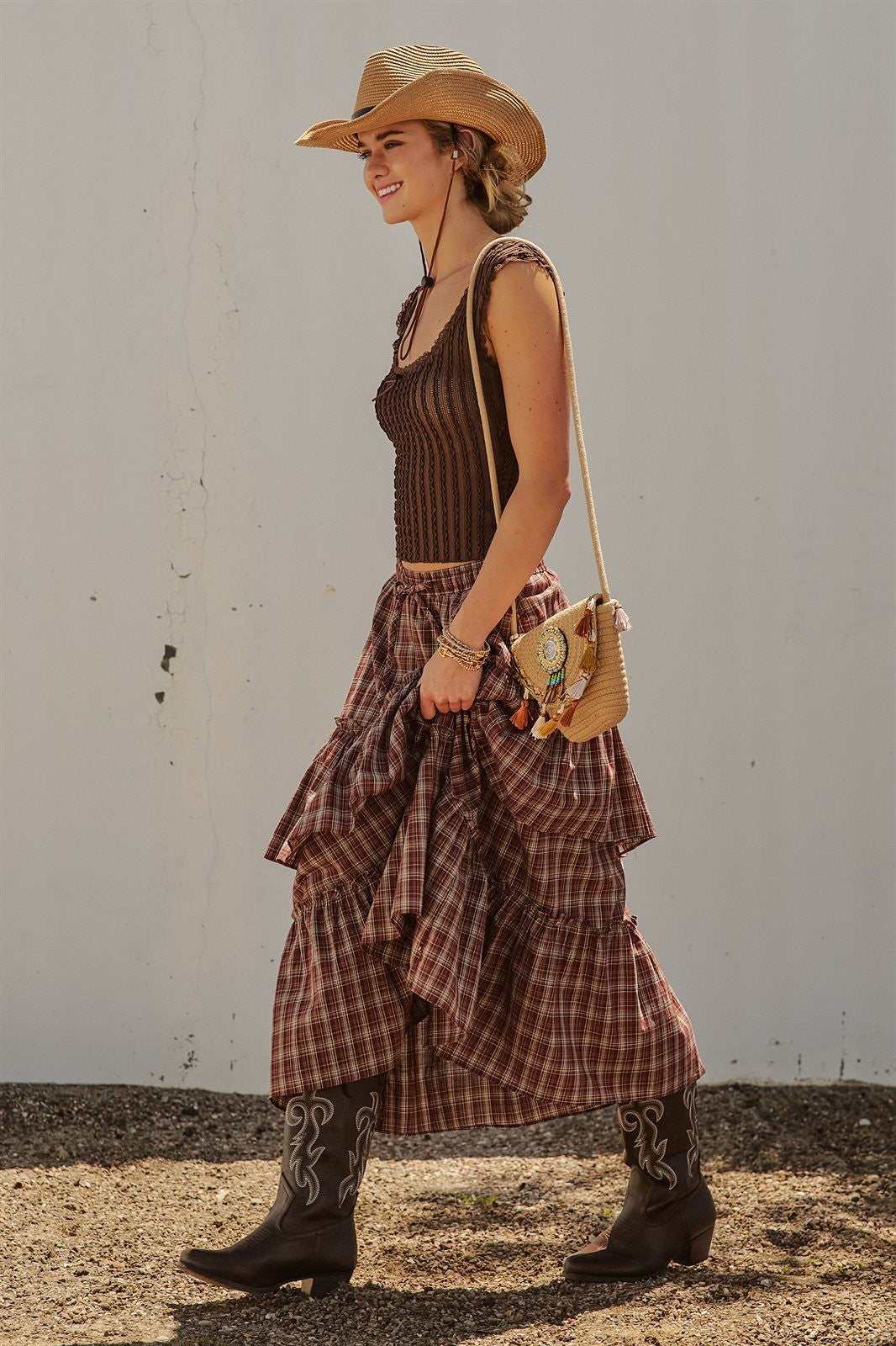 Plaid Tiered Ruffle Cotton Maxi Skirt in Brown - Women's Skirts | Urban Daizy