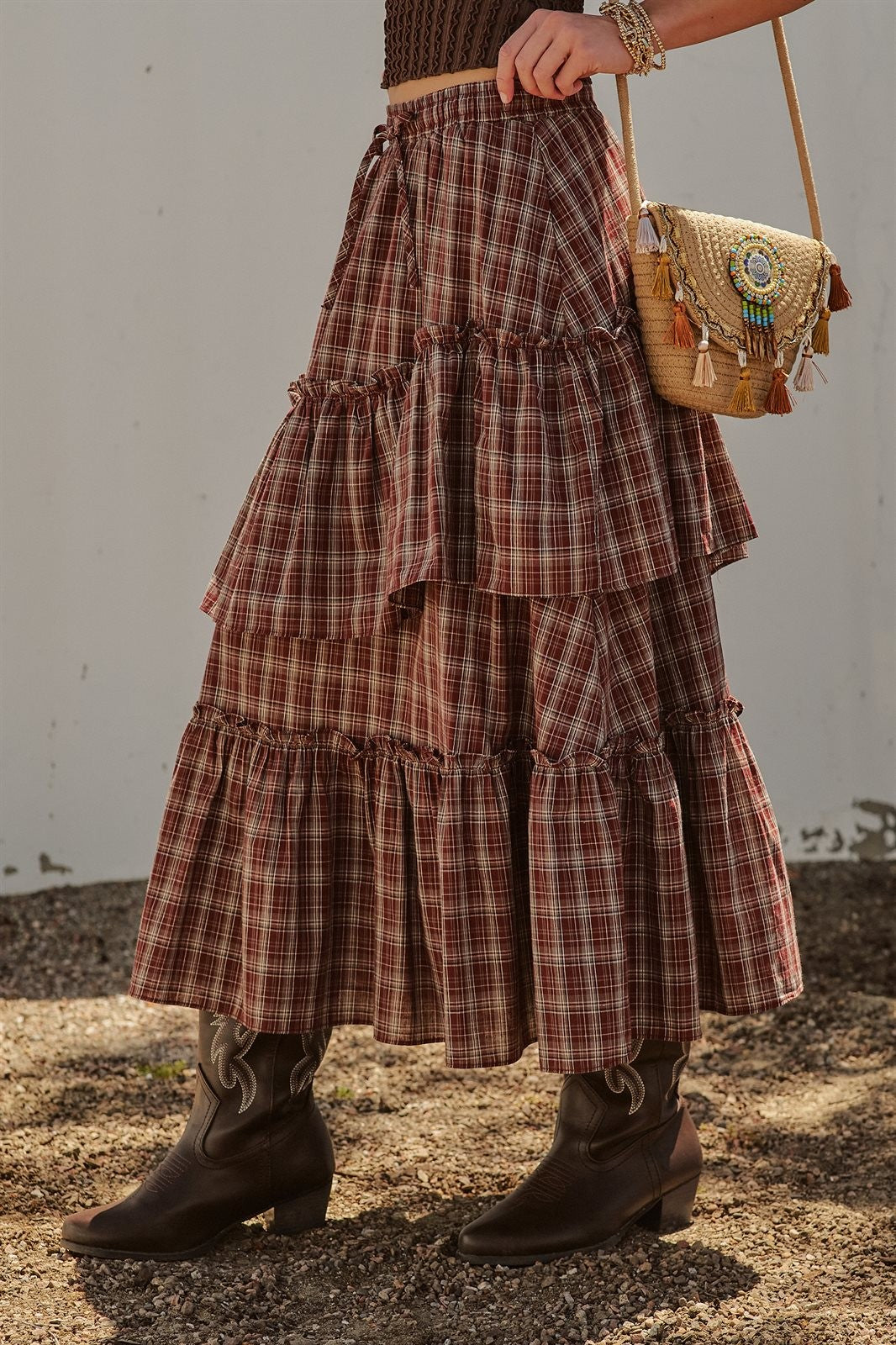 Plaid Tiered Ruffle Cotton Maxi Skirt in Brown - Women's Skirts | Urban Daizy