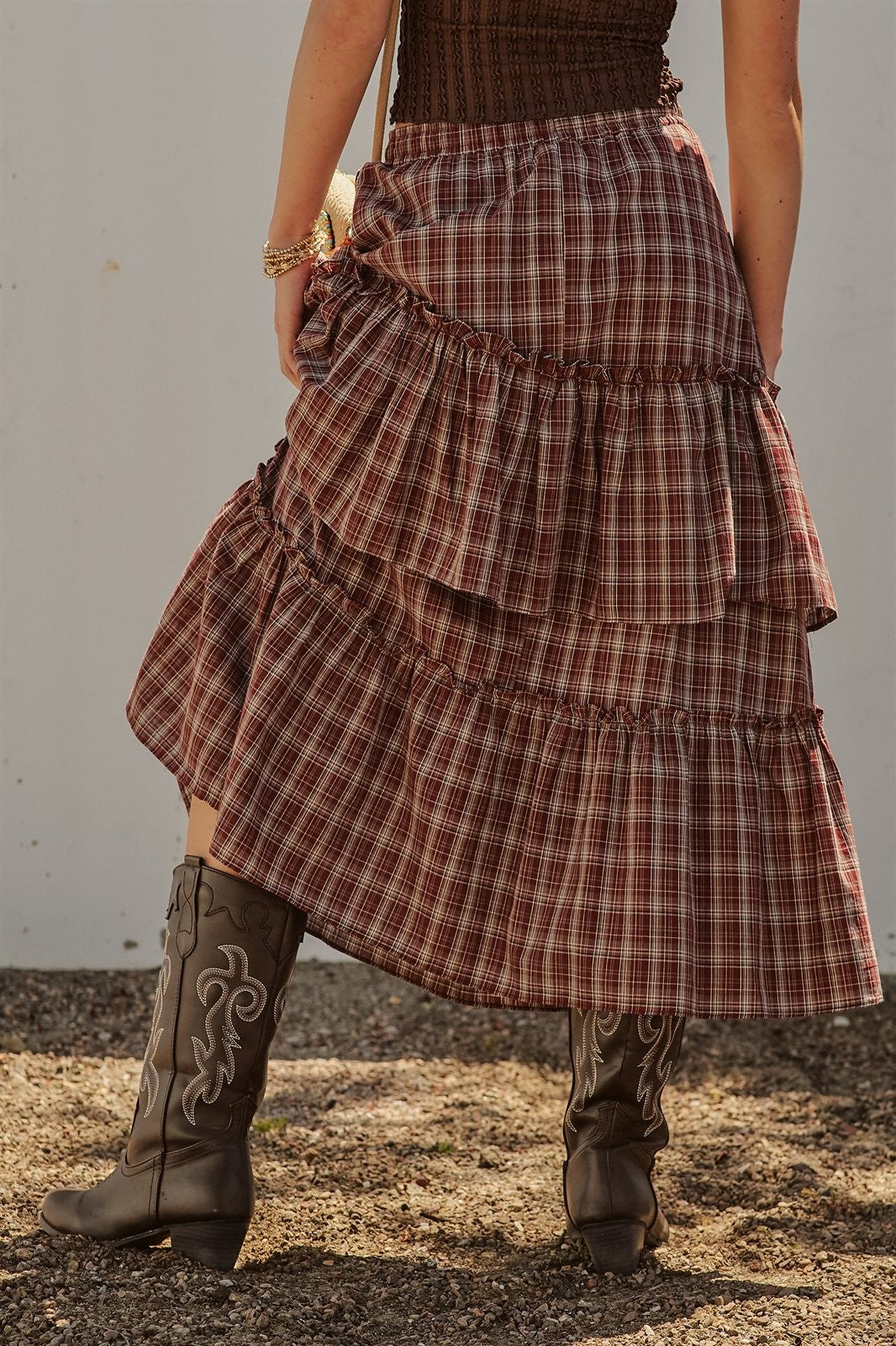 Plaid Tiered Ruffle Cotton Maxi Skirt in Brown - Women's Skirts | Urban Daizy
