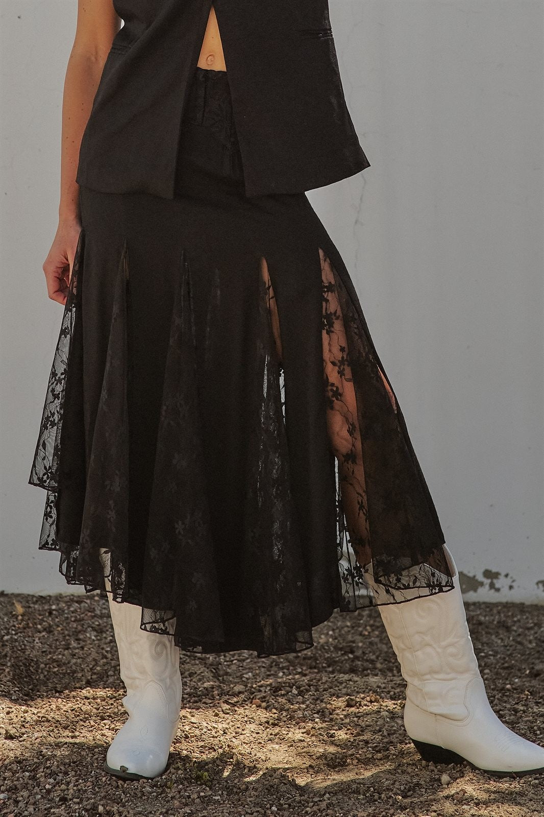 Lace Insert Godet Maxi Skirt with Trumpet Hem in Black - Women's Skirts | Urban Daizy
