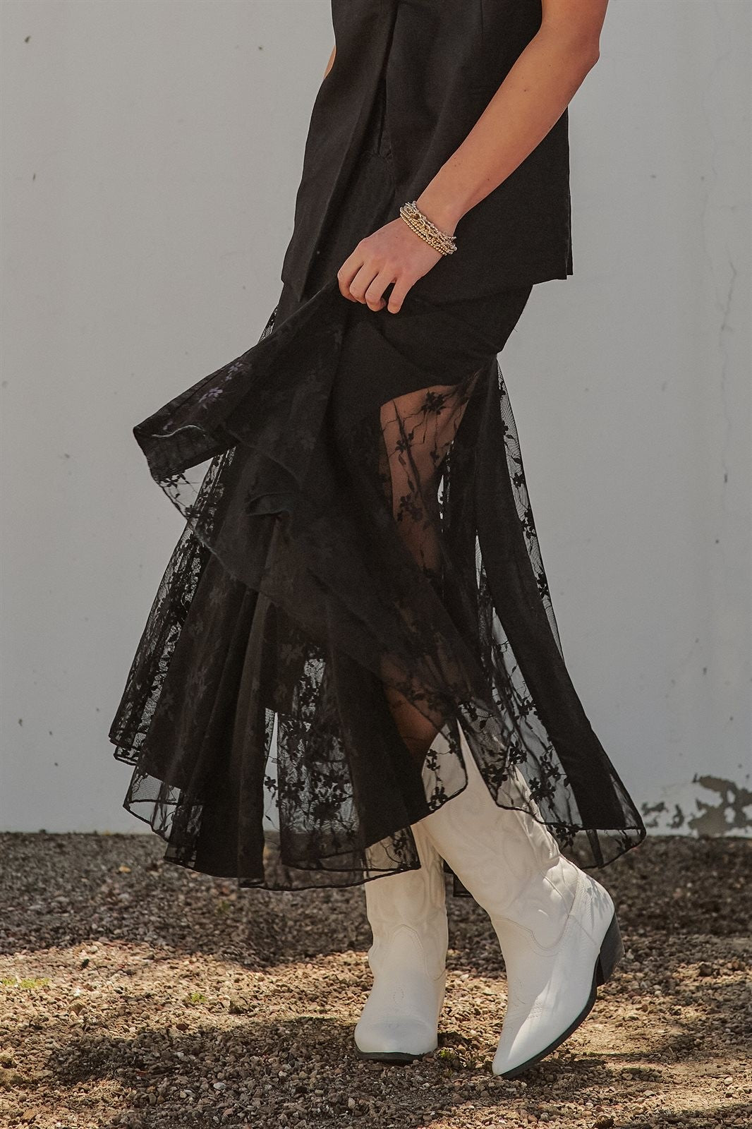 Lace Insert Godet Maxi Skirt with Trumpet Hem in Black - Women's Skirts | Urban Daizy