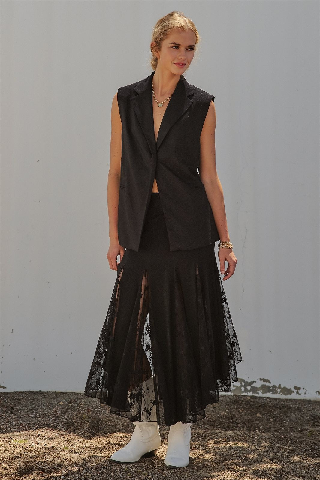 Lace Insert Godet Maxi Skirt with Trumpet Hem in Black - Women's Skirts | Urban Daizy
