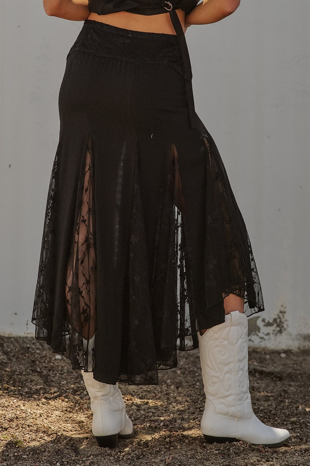 Lace Insert Godet Maxi Skirt with Trumpet Hem in Black - Women's Skirts | Urban Daizy