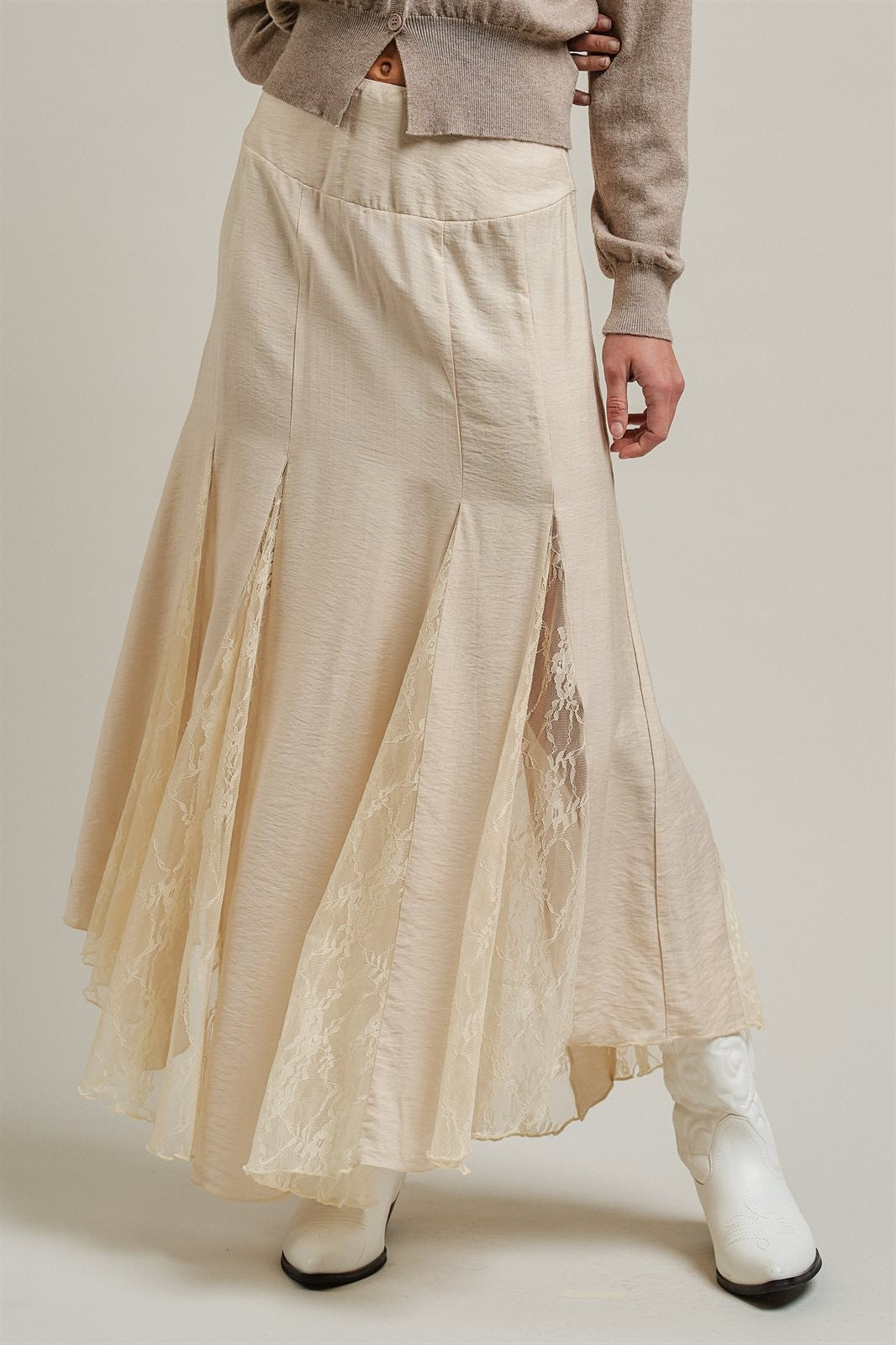 Lace Insert Godet Maxi Skirt with Trumpet Hem in Champagne - Women's Skirts | Urban Daizy
