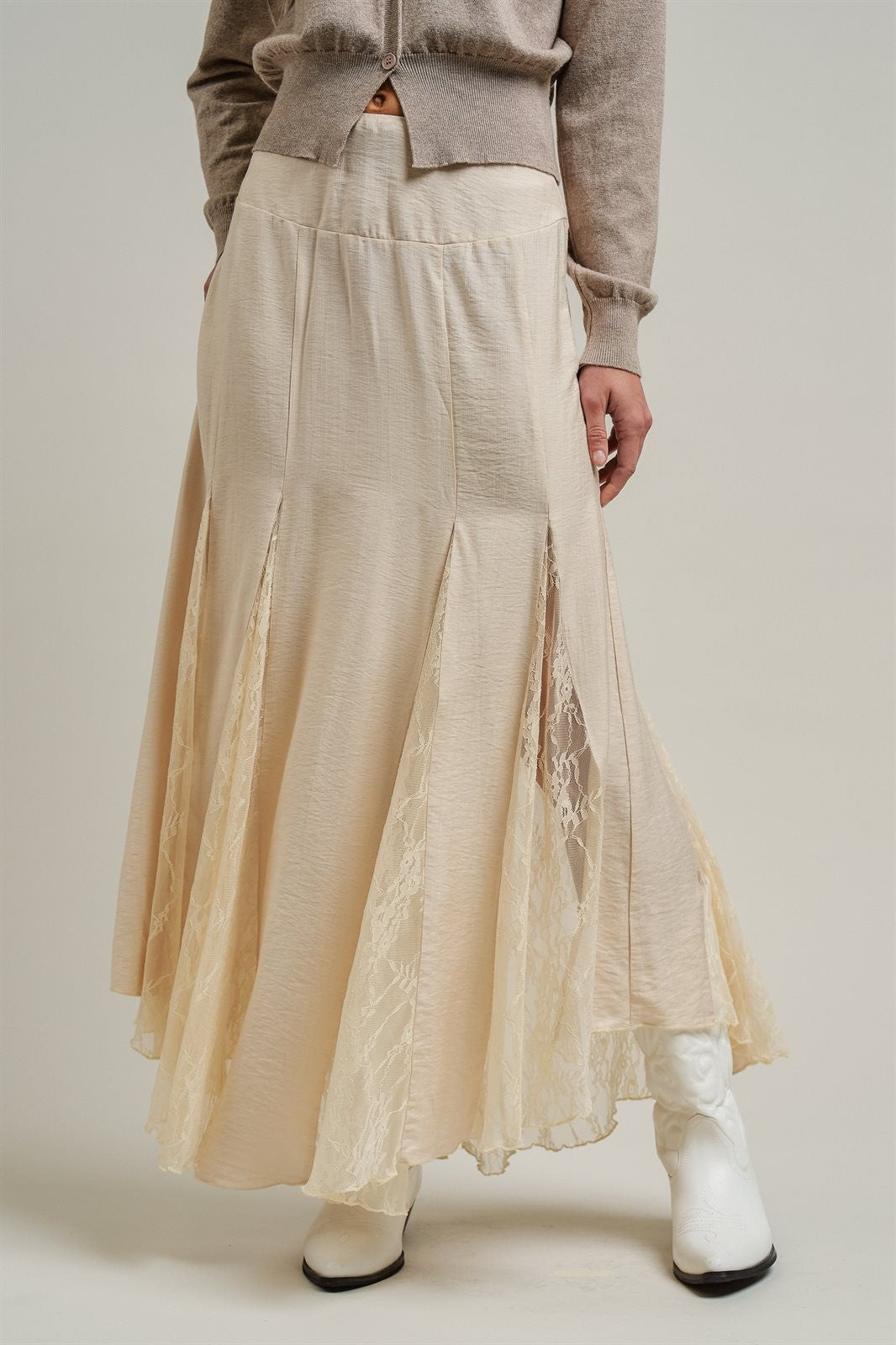 Lace Insert Godet Maxi Skirt with Trumpet Hem in Champagne - Women's Skirts | Urban Daizy