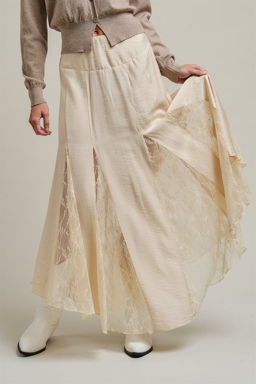Lace Insert Godet Maxi Skirt with Trumpet Hem in Champagne - Women's Skirts | Urban Daizy
