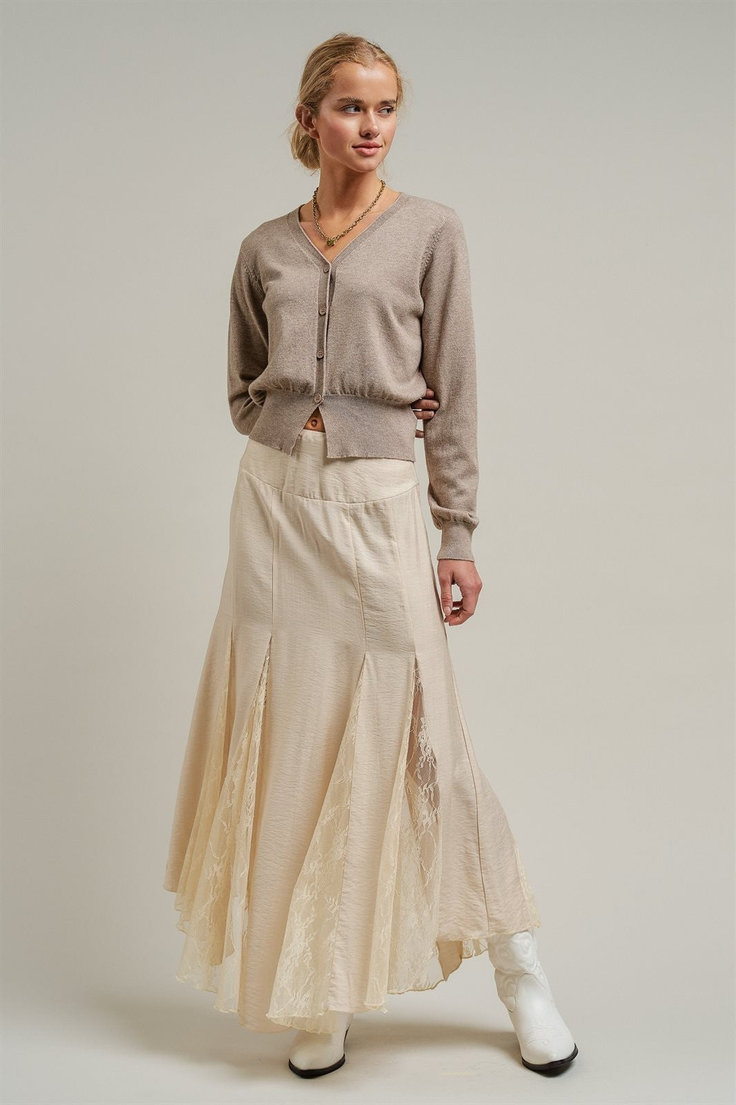 Lace Insert Godet Maxi Skirt with Trumpet Hem in Champagne - Women's Skirts | Urban Daizy