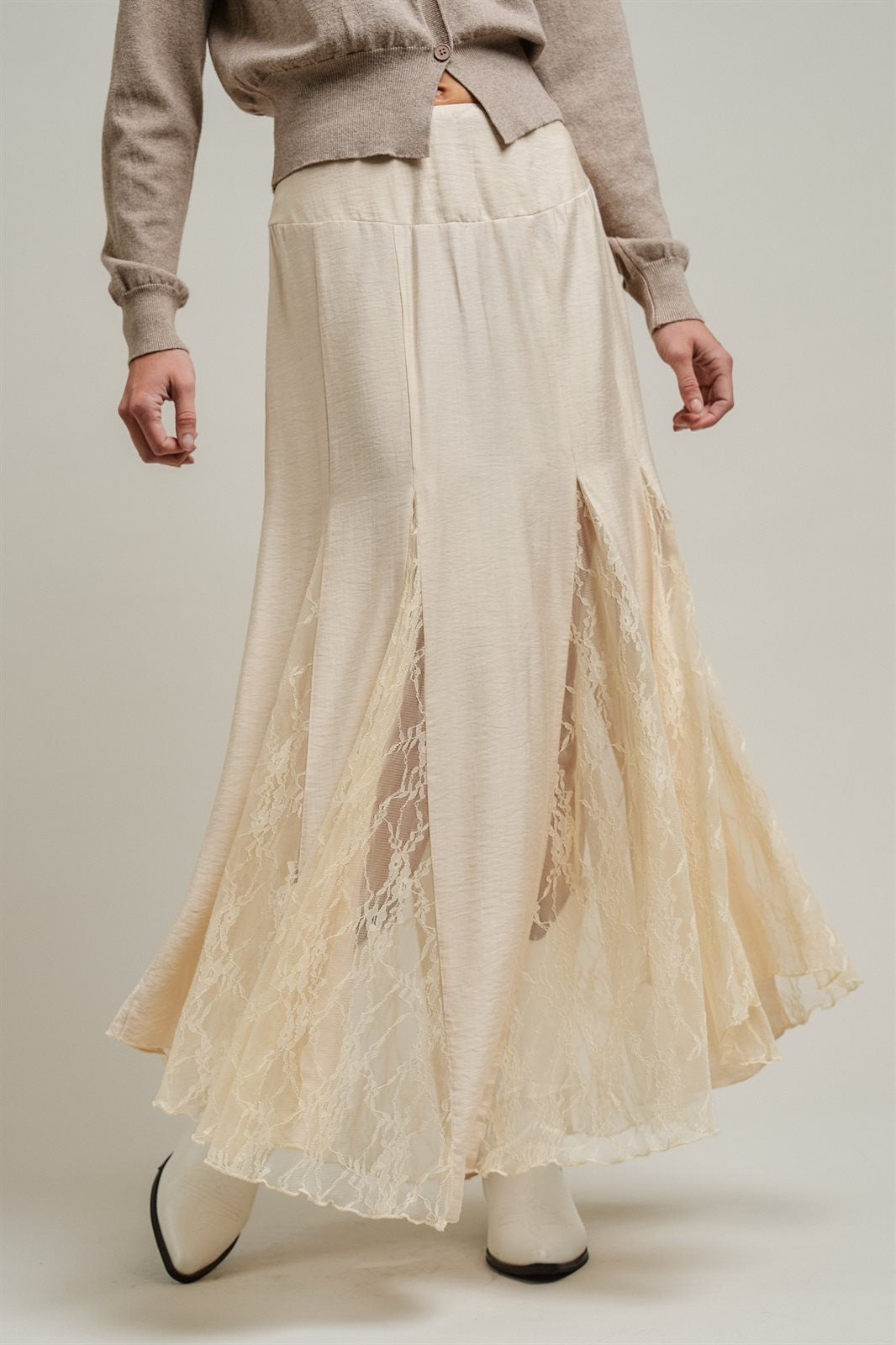 Lace Insert Godet Maxi Skirt with Trumpet Hem in Champagne - Women's Skirts | Urban Daizy