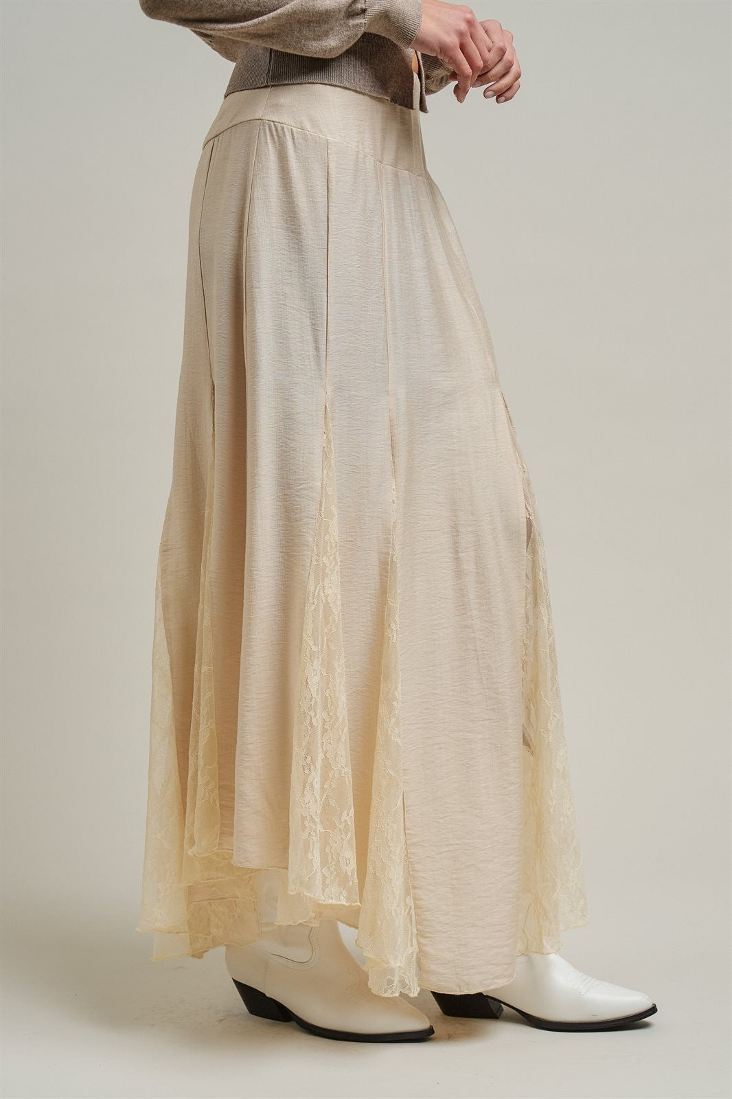 Lace Insert Godet Maxi Skirt with Trumpet Hem in Champagne - Women's Skirts | Urban Daizy