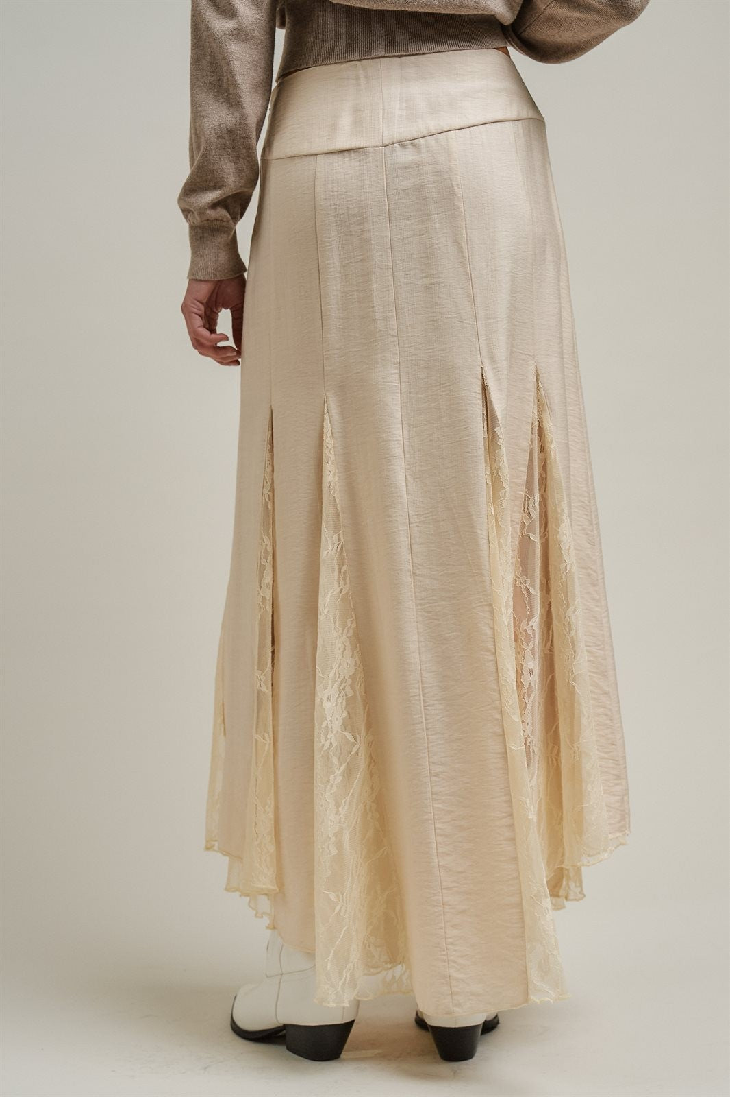 Lace Insert Godet Maxi Skirt with Trumpet Hem in Champagne - Women's Skirts | Urban Daizy