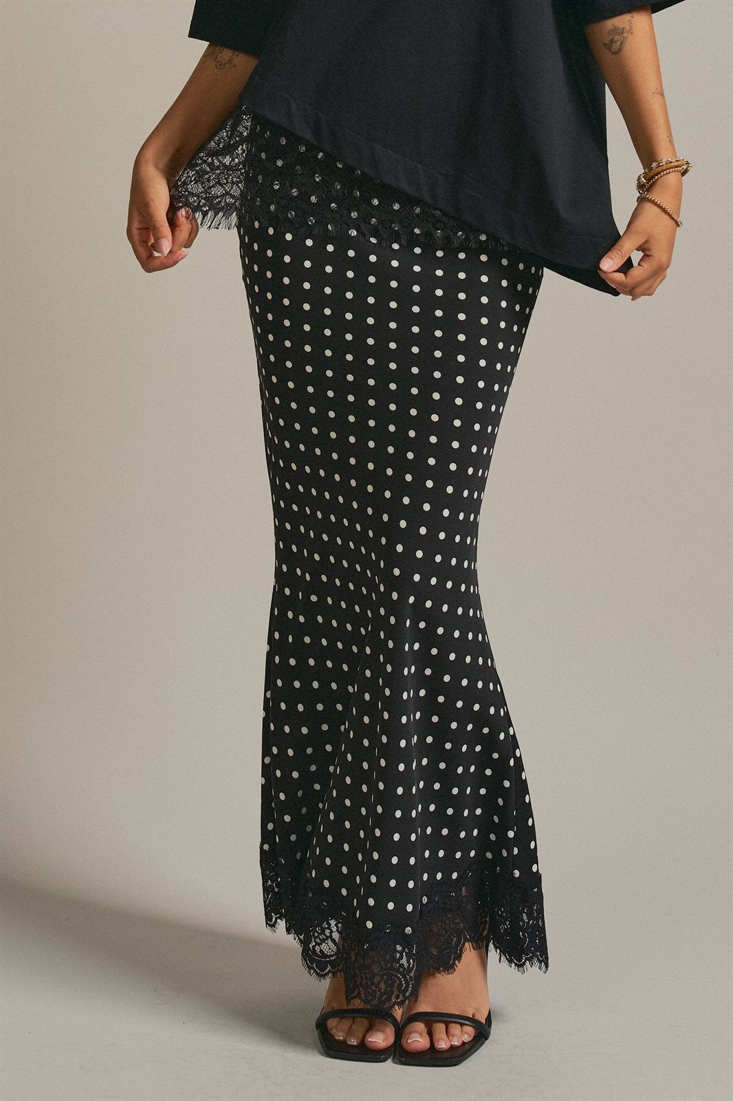 Polka Dot Satin Maxi Skirt With Lace Trim in Black - Women's Skirts | Urban Daizy