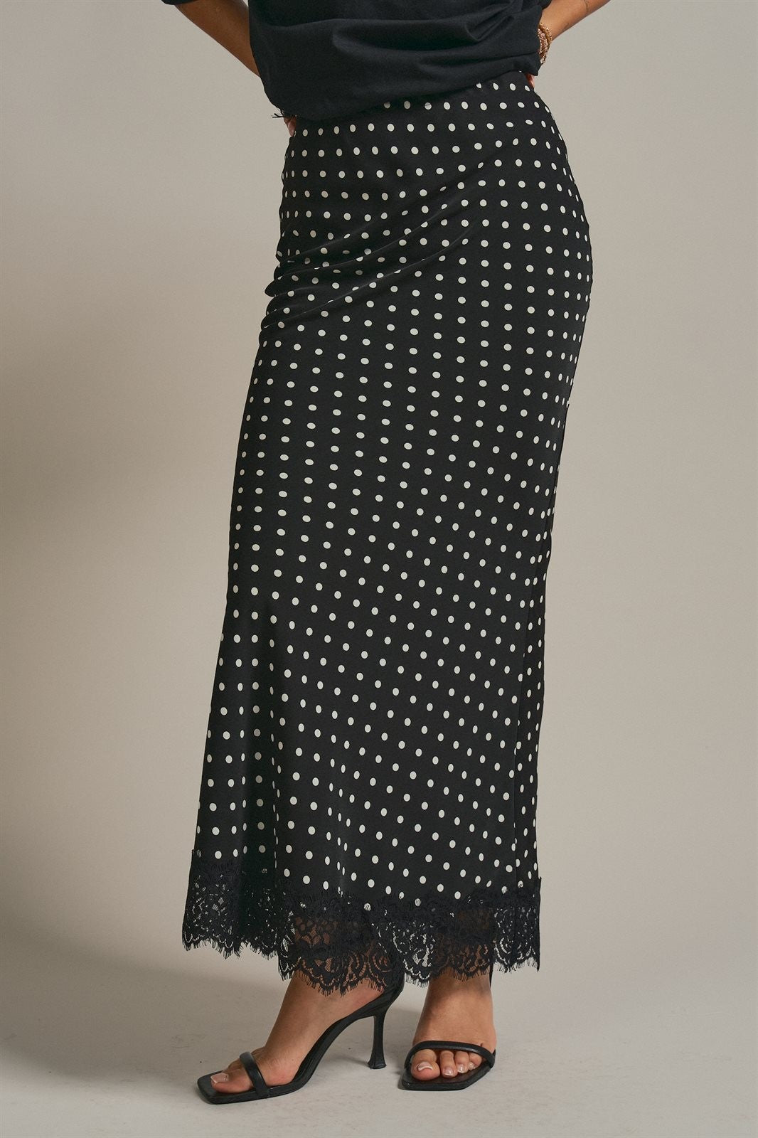 Polka Dot Satin Maxi Skirt With Lace Trim in Black - Women's Skirts | Urban Daizy