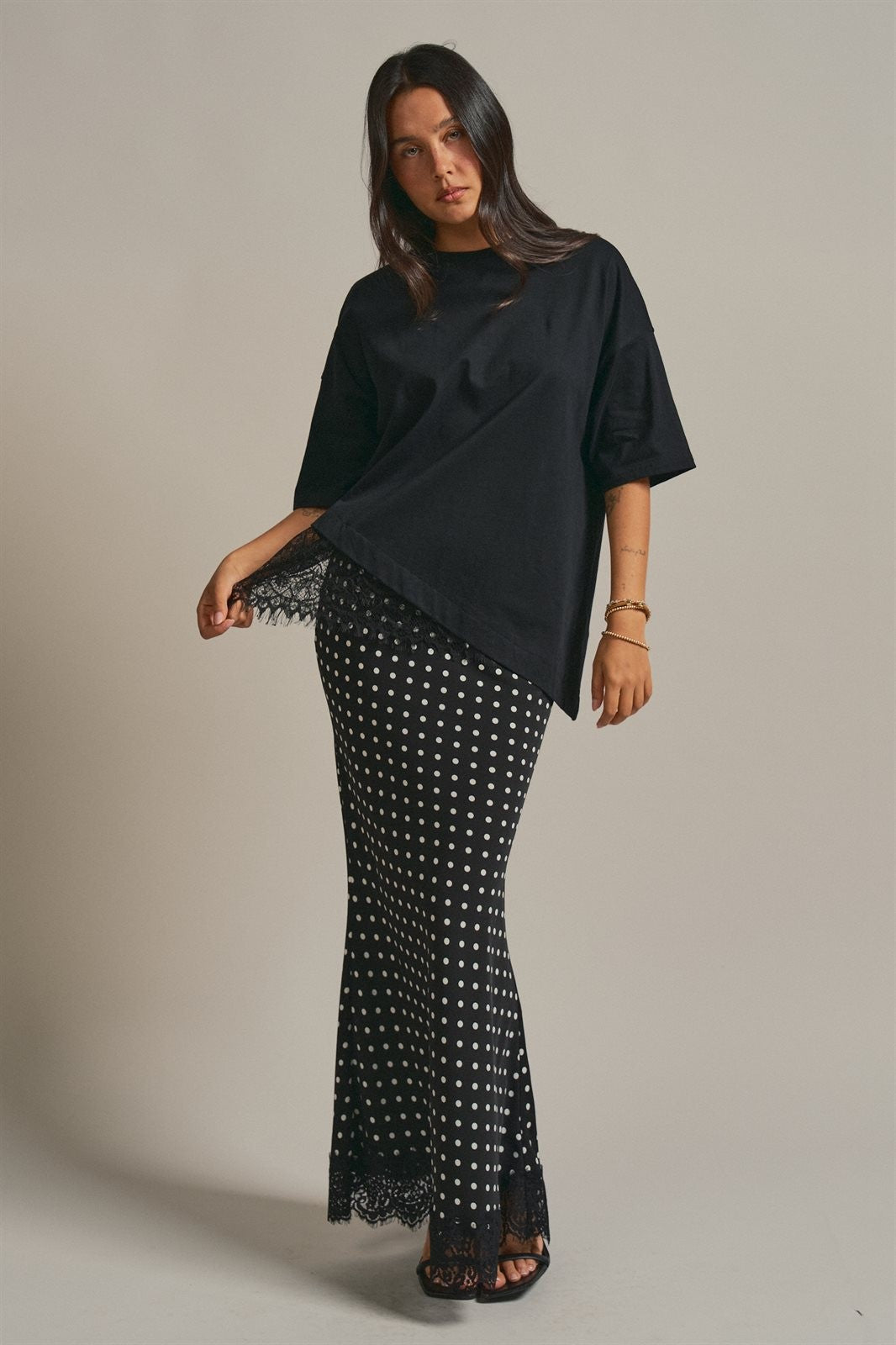 Polka Dot Satin Maxi Skirt With Lace Trim in Black - Women's Skirts | Urban Daizy